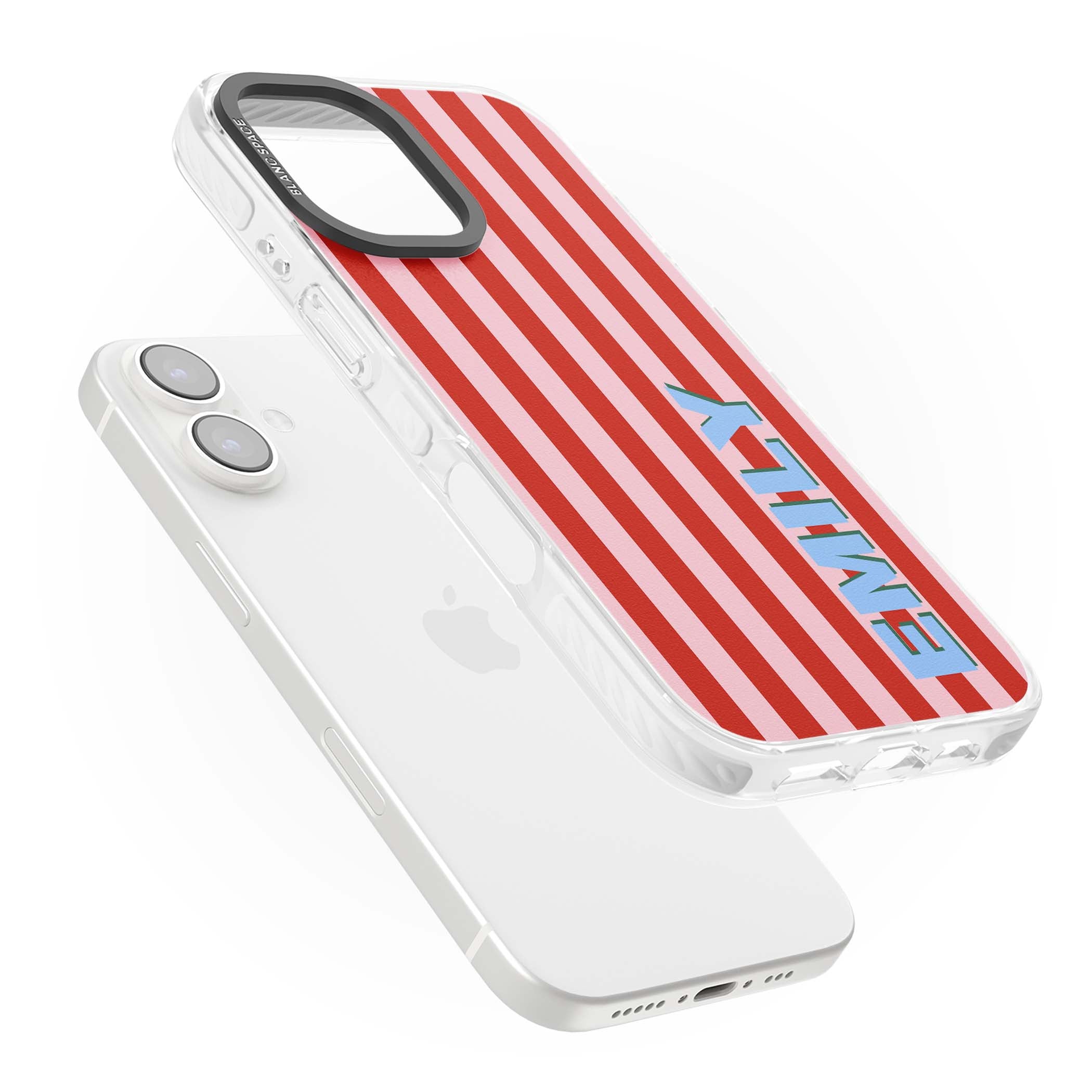 Market Stripe personalised iPhone case with red and pink vertical stripes and custom blue name | Clear Impact case for iPhone 16, iPhone 16 Plus