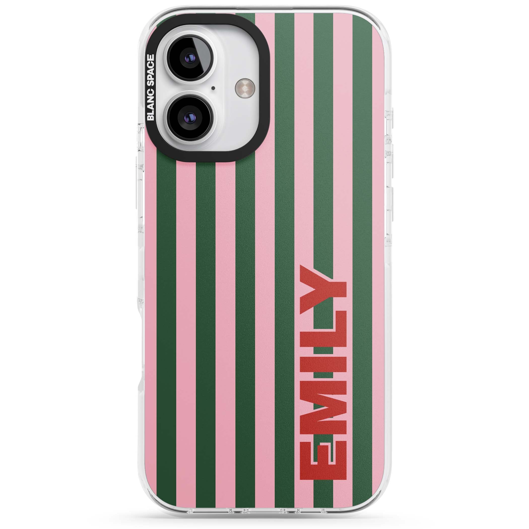 Italian Stripe preppy iPhone case featuring pink and green vertical stripes with personalised red name | Clear Impact case for iPhone 16, iPhone 16 Plus