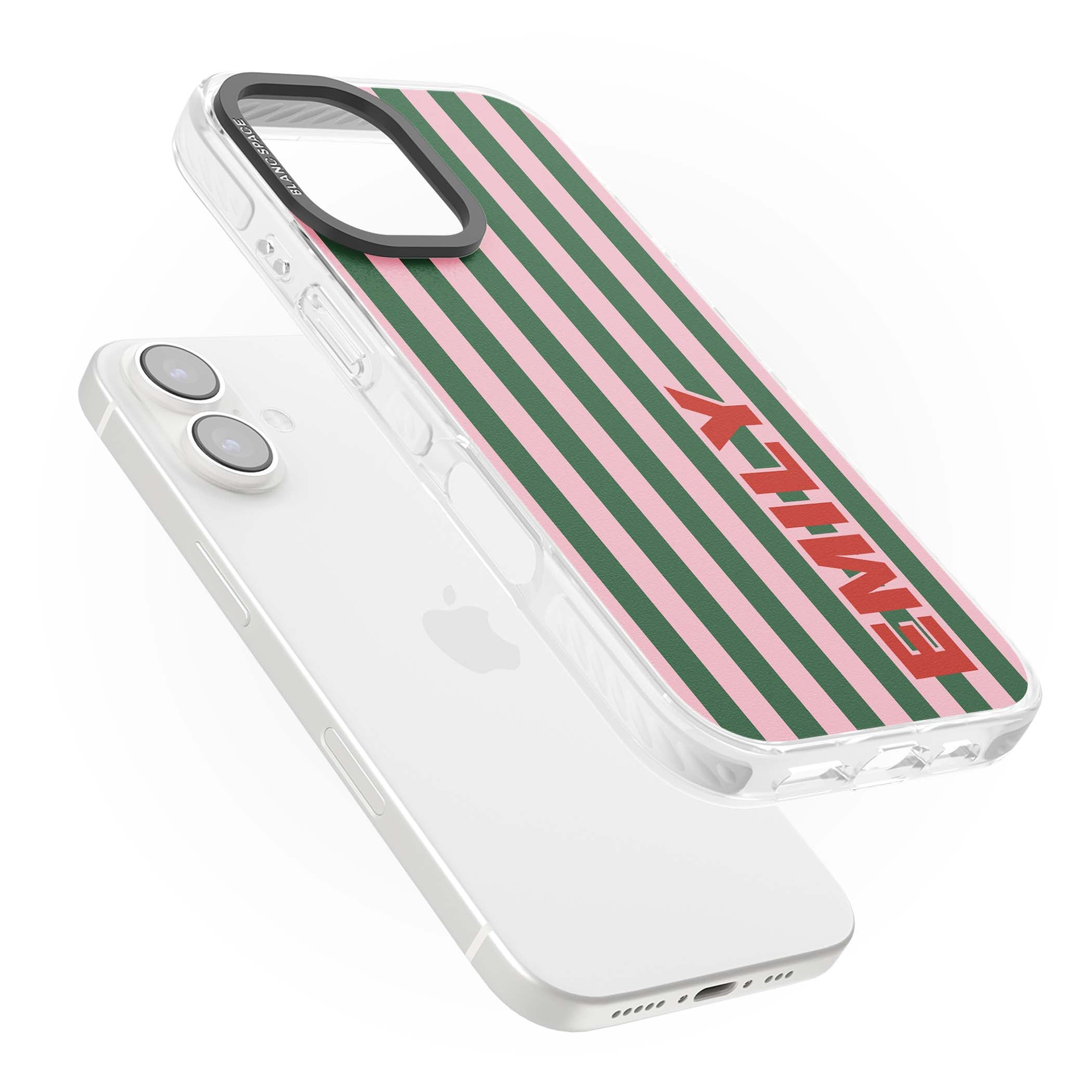 Italian Stripe preppy iPhone case featuring pink and green vertical stripes with personalised red name | Clear Impact case for iPhone 16, iPhone 16 Plus