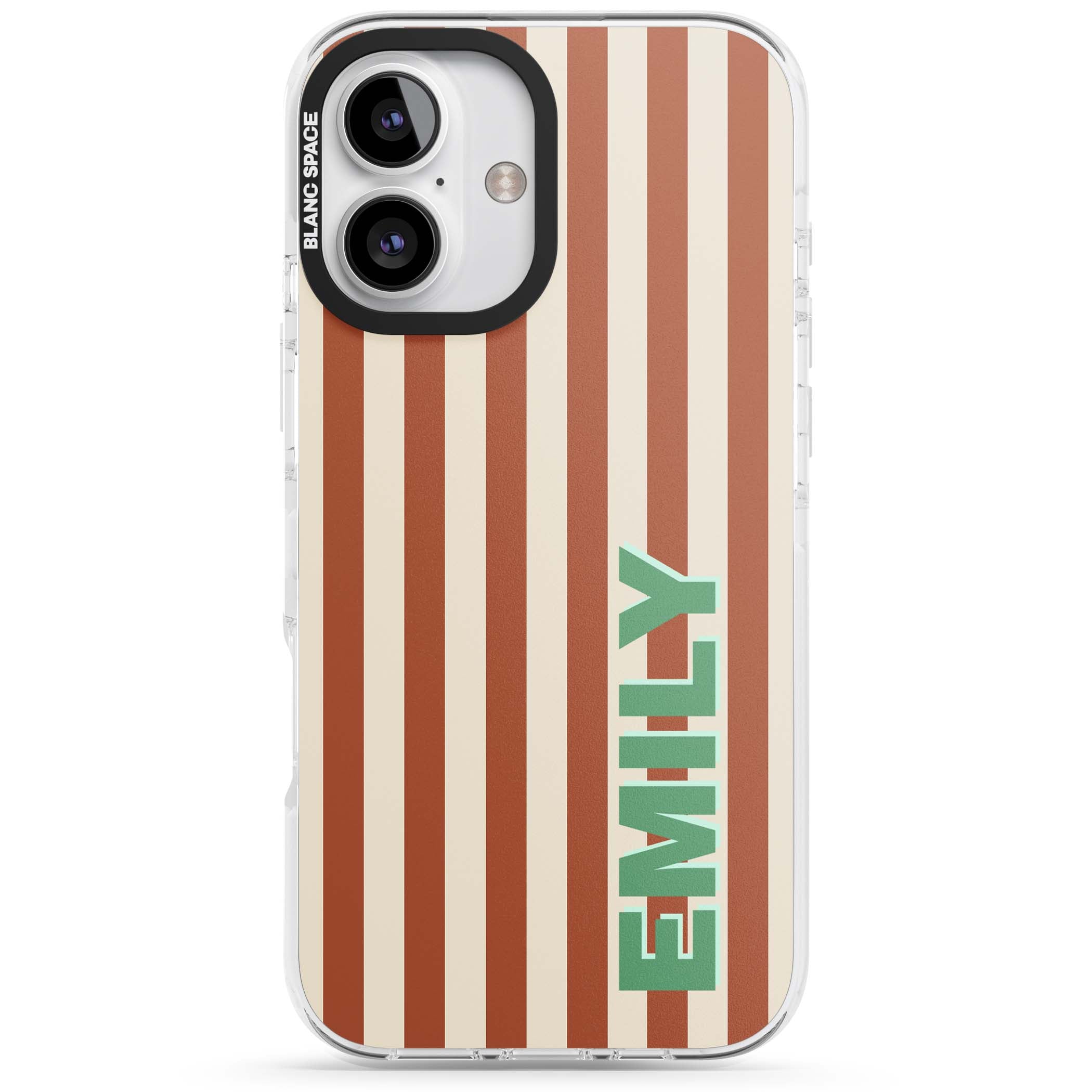 Dune Stripe personalised iPhone case with rust and cream vertical stripes and custom name in mint green | Clear Impact case for iPhone 16, iPhone 16 Plus