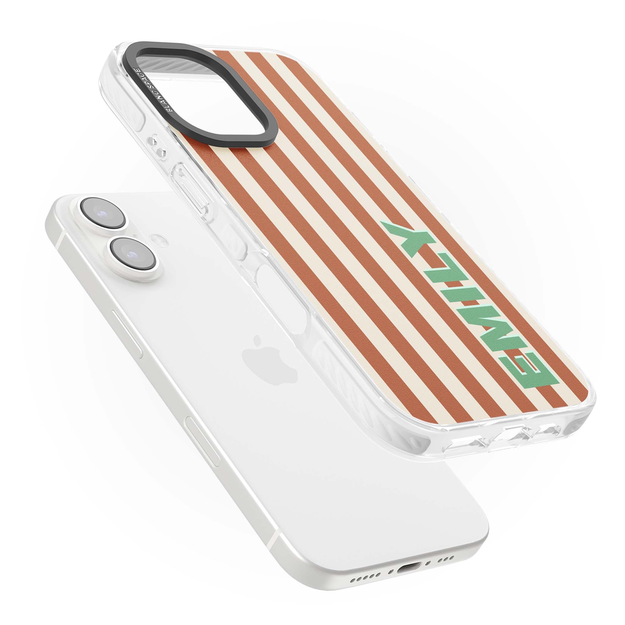 Dune Stripe personalised iPhone case with rust and cream vertical stripes and custom name in mint green | Clear Impact case for iPhone 16, iPhone 16 Plus