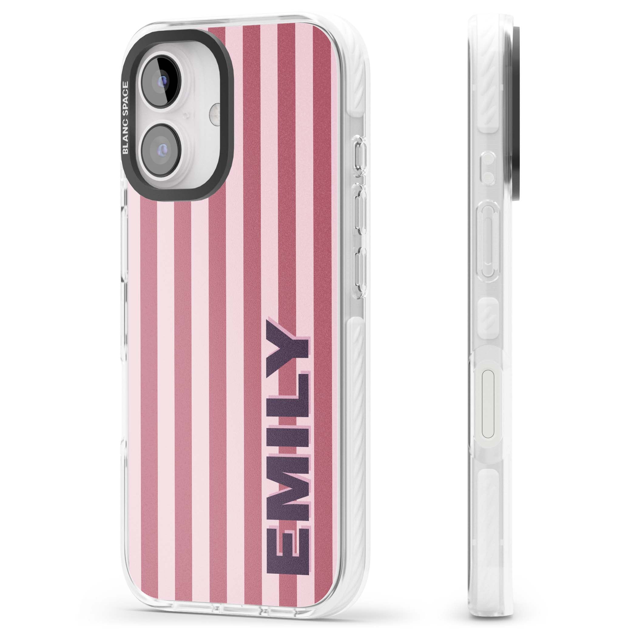 Victoria Stripe personalised iPhone case featuring pink vertical stripes and custom name in bold plum lettering | Clear Impact case for iPhone 16, iPhone 16 Plus