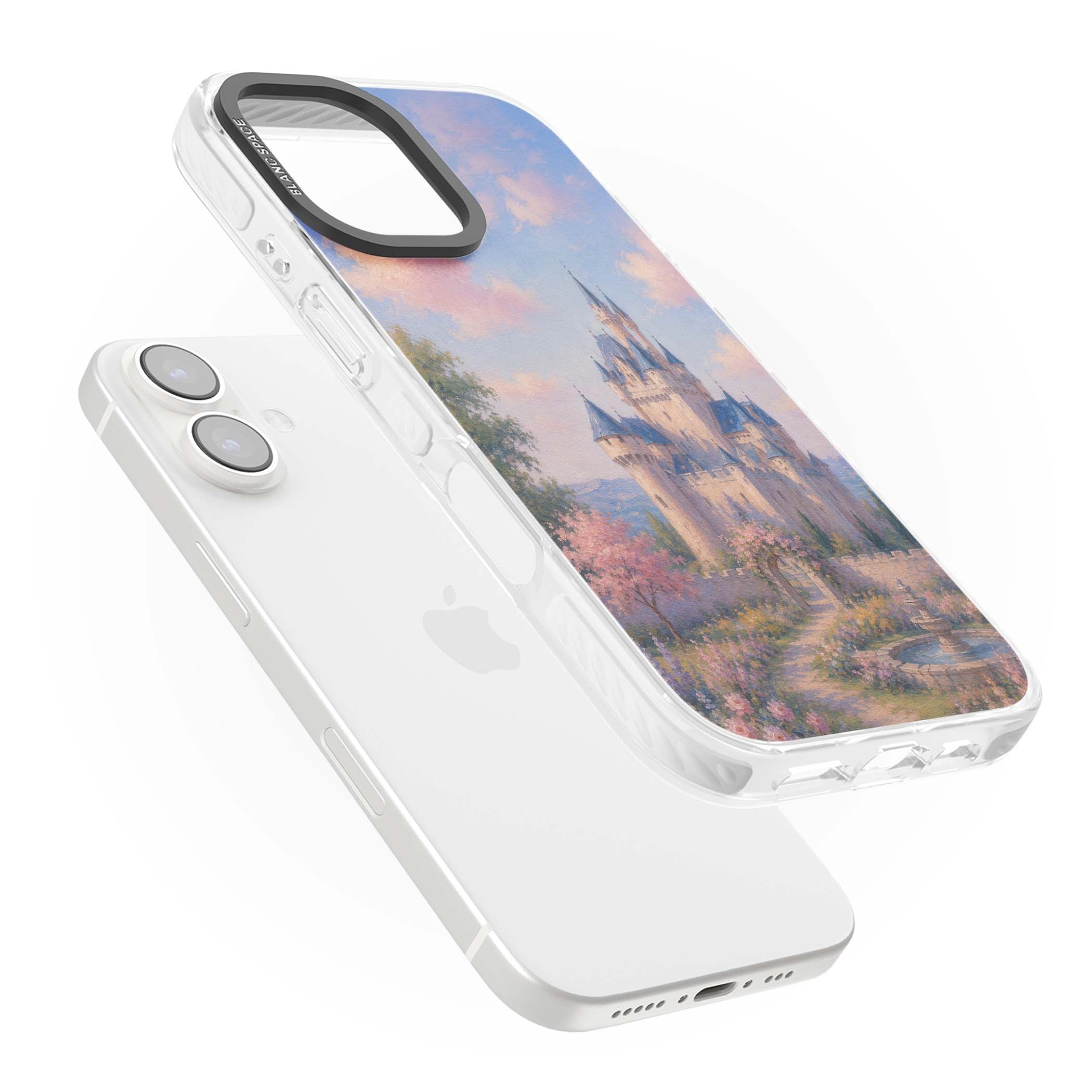 Enchanted Kingdom fairytale iPhone case featuring a romantic castle painting with cherry blossoms and pastel pink sky | Clear Impact case for iPhone 16, iPhone 16 Plus