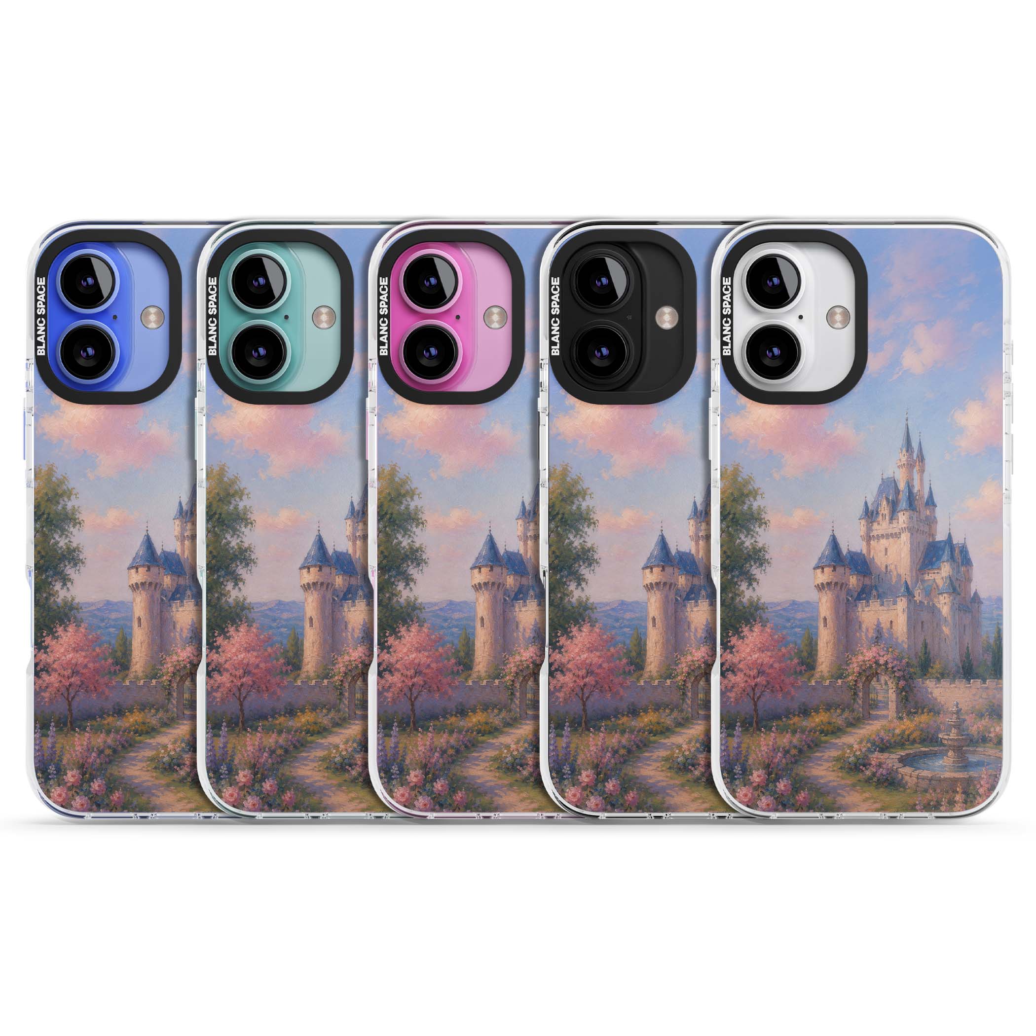 Enchanted Kingdom fairytale iPhone case featuring a romantic castle painting with cherry blossoms and pastel pink sky | Clear Impact case for iPhone 16, iPhone 16 Plus