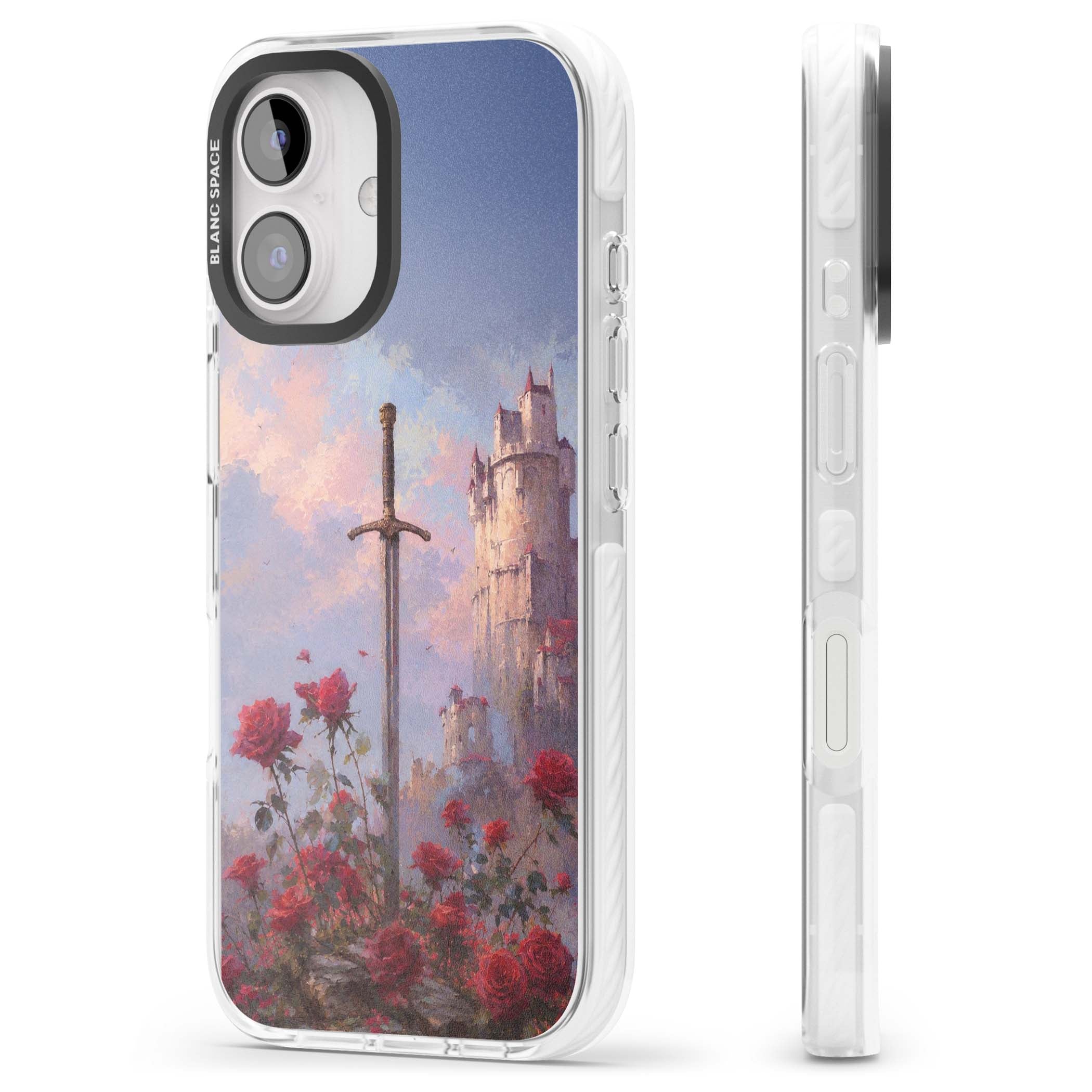 Sword in Roses medieval art iPhone case featuring a sword, red roses, and a misty fairytale castle at sunset | Clear Impact case for iPhone 16, iPhone 16 Plus