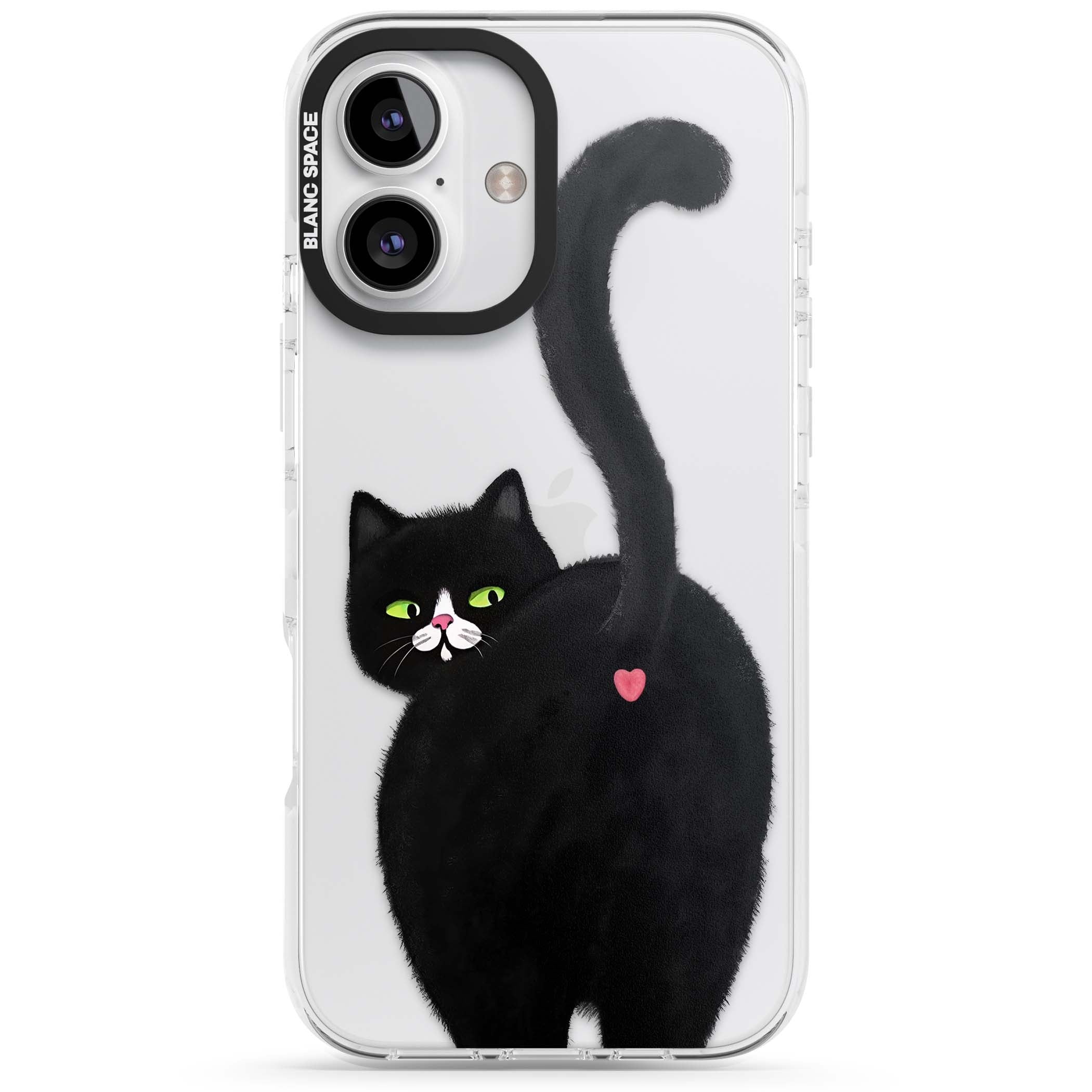 The Cat's Kiss cute cat iPhone case featuring a hand-painted tuxedo kitty with green eyes and a pink heart on a clear  | Clear Impact case for iPhone 16, iPhone 16 Plus