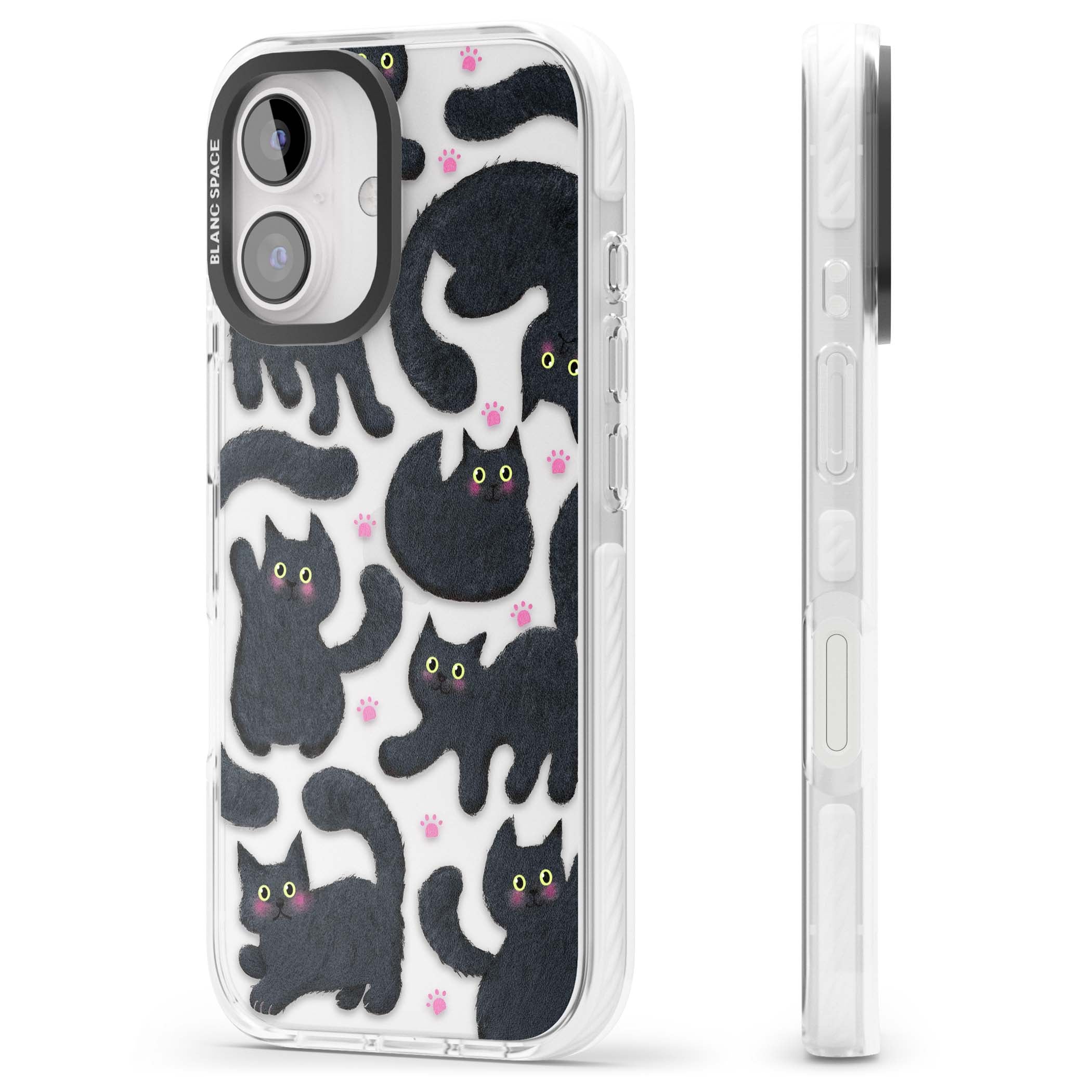 Midnight Cats cute iPhone case featuring black cat pattern with yellow eyes and pink paw prints | Clear Impact case for iPhone 16, iPhone 16 Plus