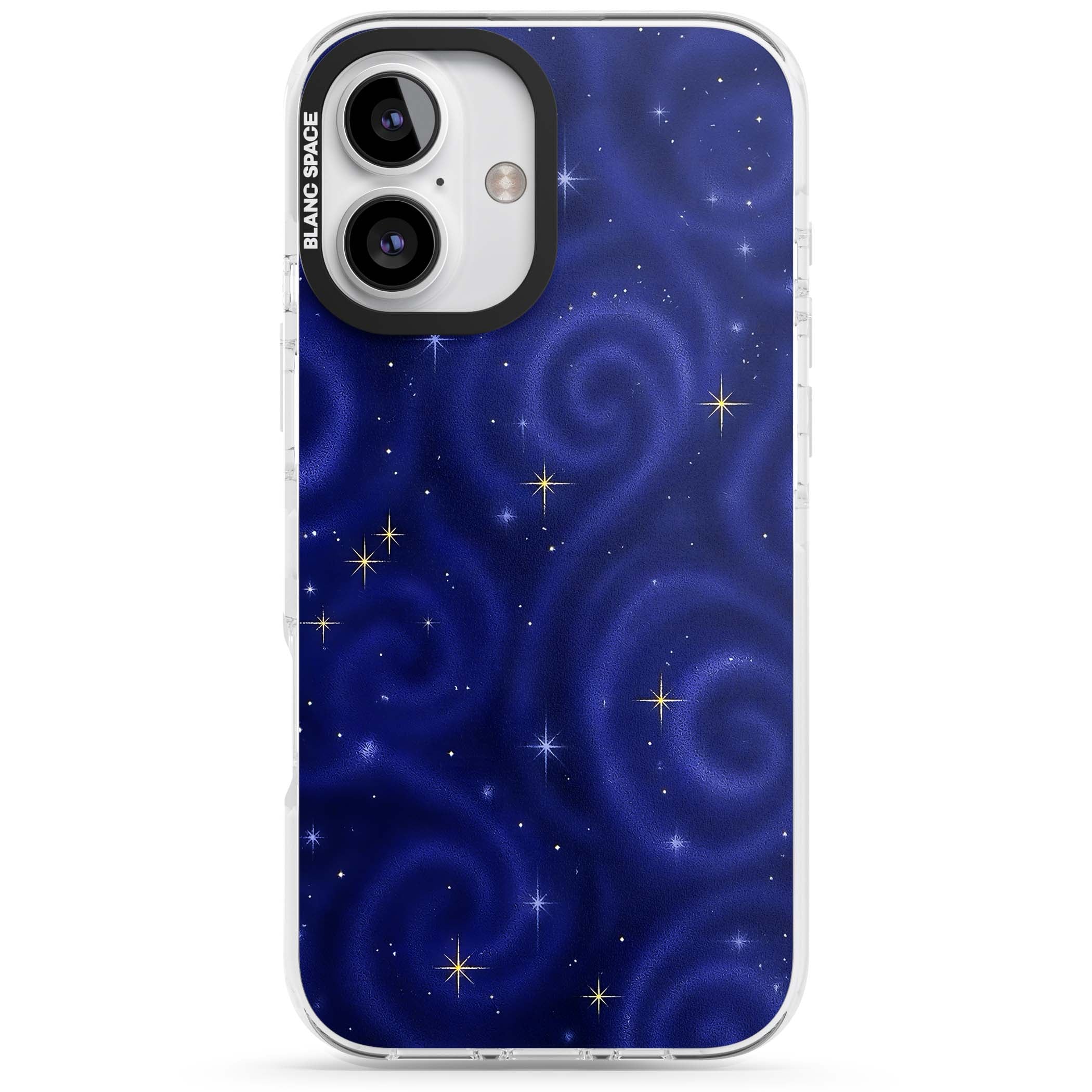 Indigo Cosmos celestial iPhone case featuring swirling navy night sky and sparkling golden stars | Clear Impact case for iPhone 16, iPhone 16 Plus