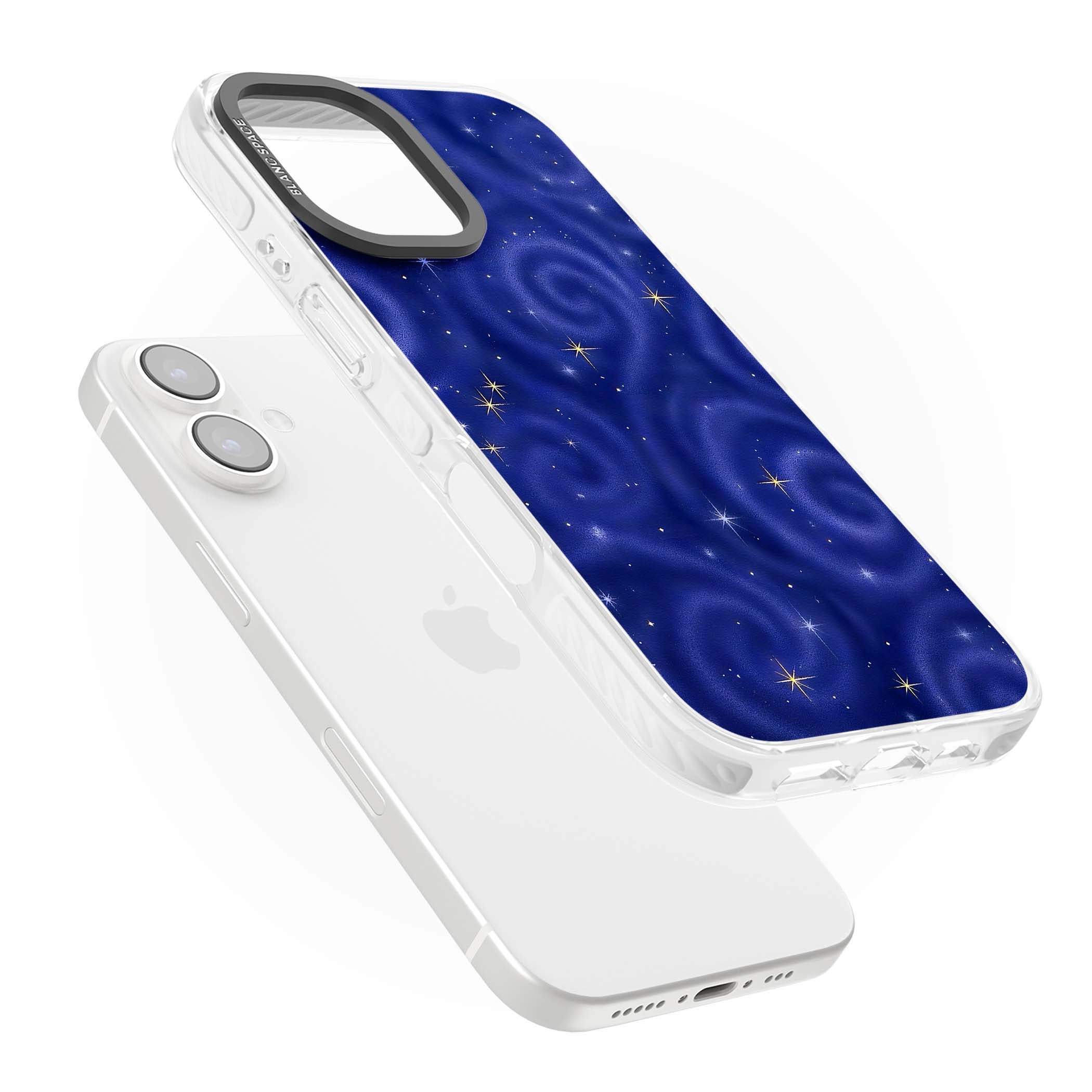 Indigo Cosmos celestial iPhone case featuring swirling navy night sky and sparkling golden stars | Clear Impact case for iPhone 16, iPhone 16 Plus