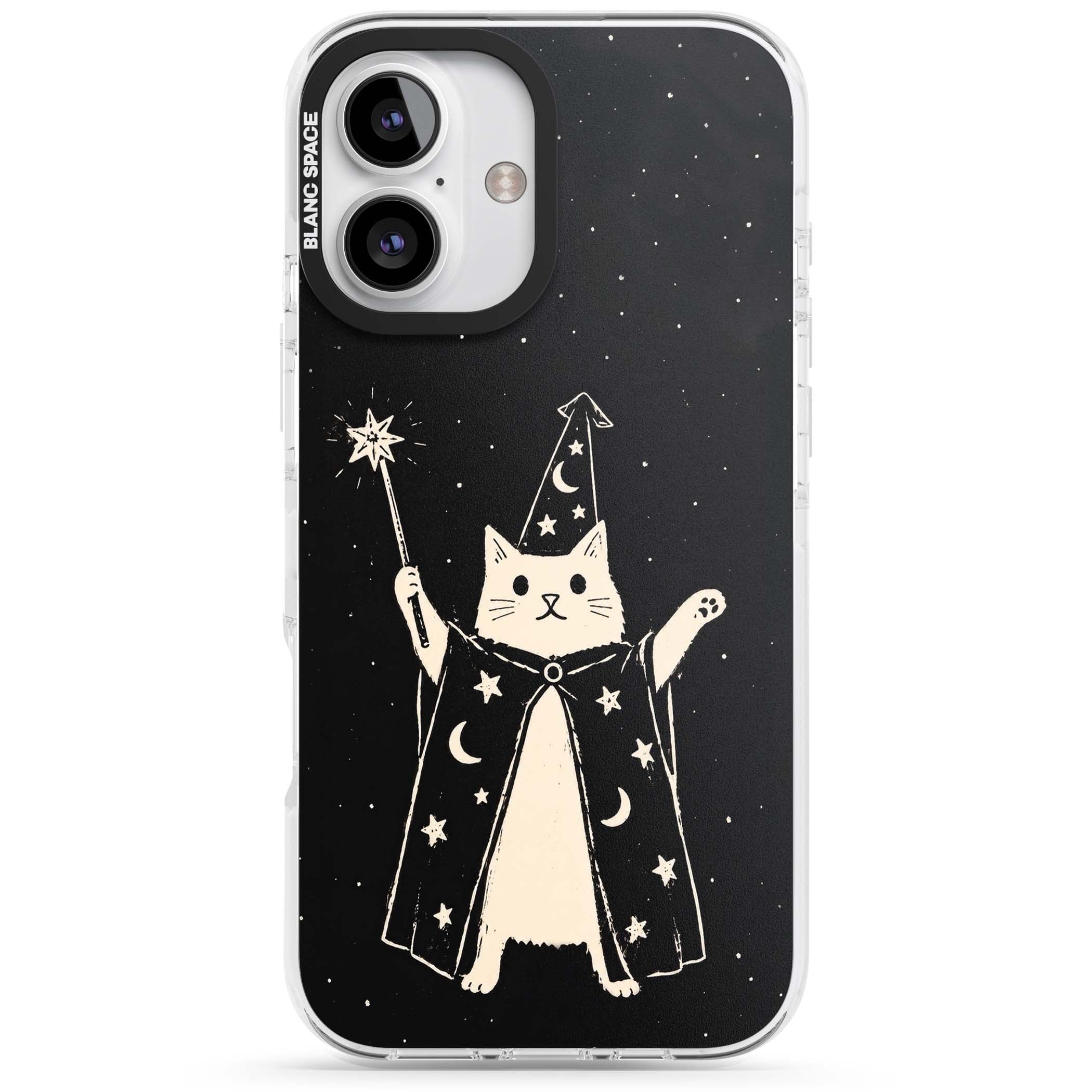 Whisker Wizard celestial cat iPhone case featuring a wizard cat with magic wand, starry night sky and crescent moons | Clear Impact case for iPhone 16, iPhone 16 Plus