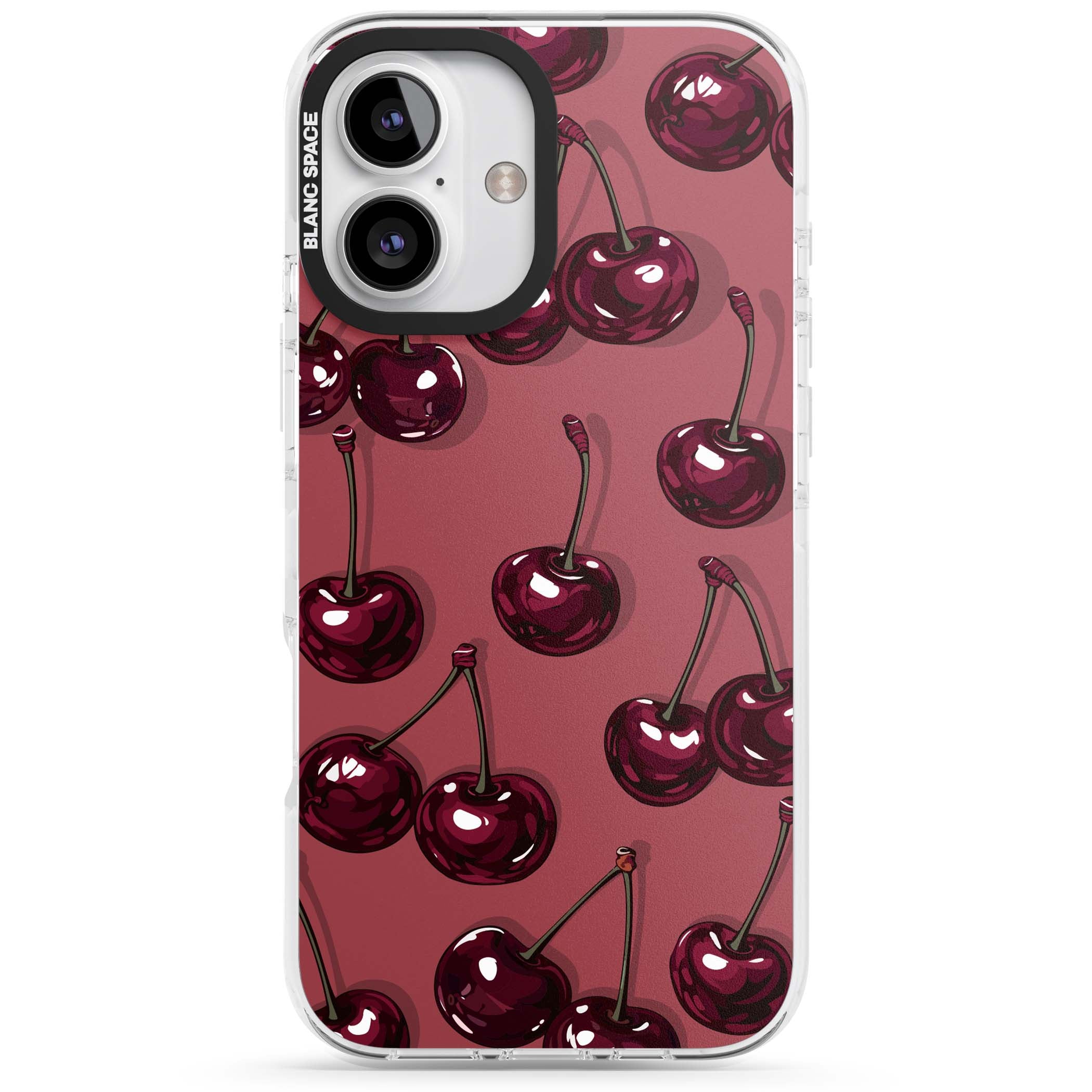Cherry Rebel coquette iPhone case featuring glossy burgundy cherries on a dusty rose background | Clear Impact case for iPhone 16, iPhone 16 Plus