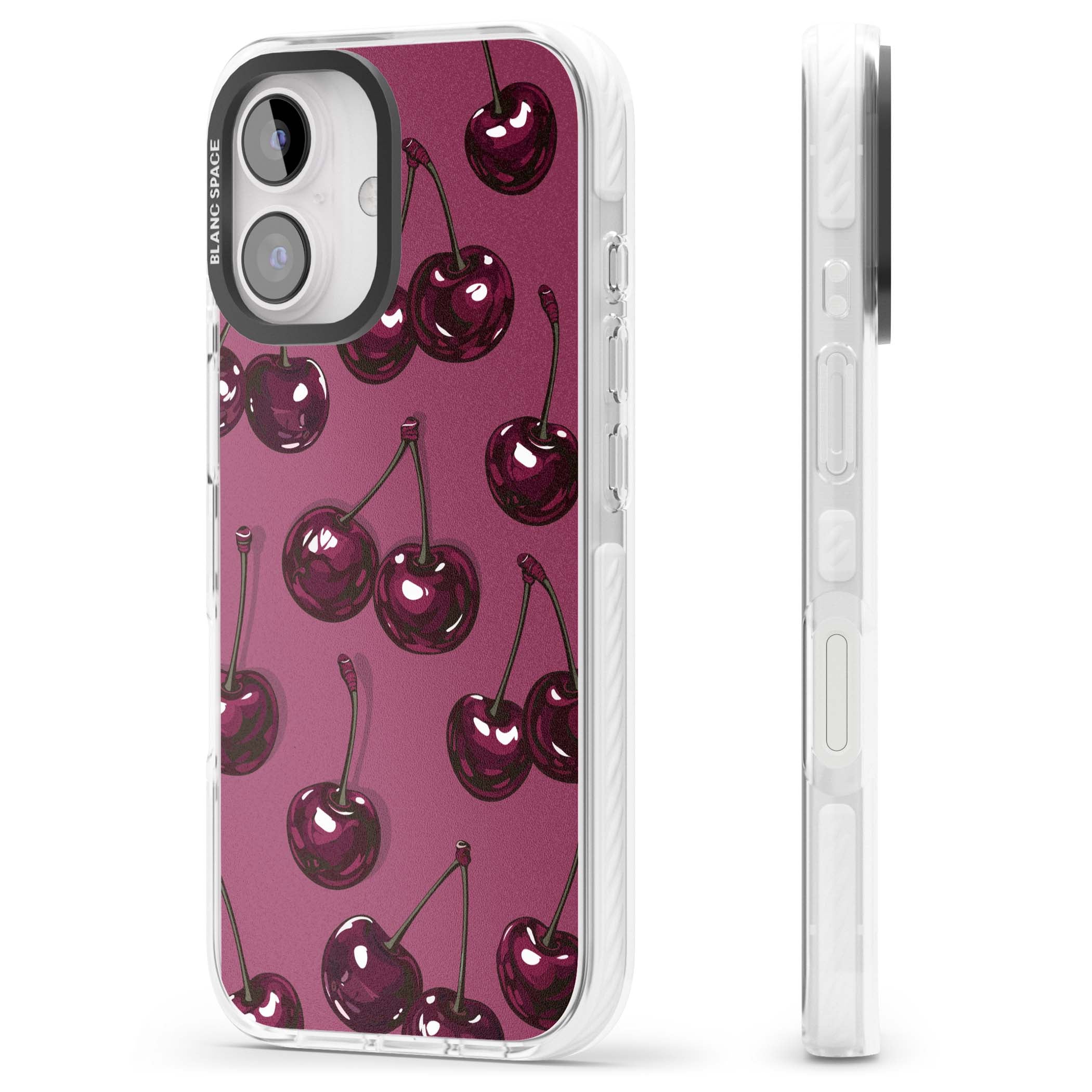Cherry Soda coquette iPhone case featuring glossy burgundy cherries on a dusty pink background | Clear Impact case for iPhone 16, iPhone 16 Plus