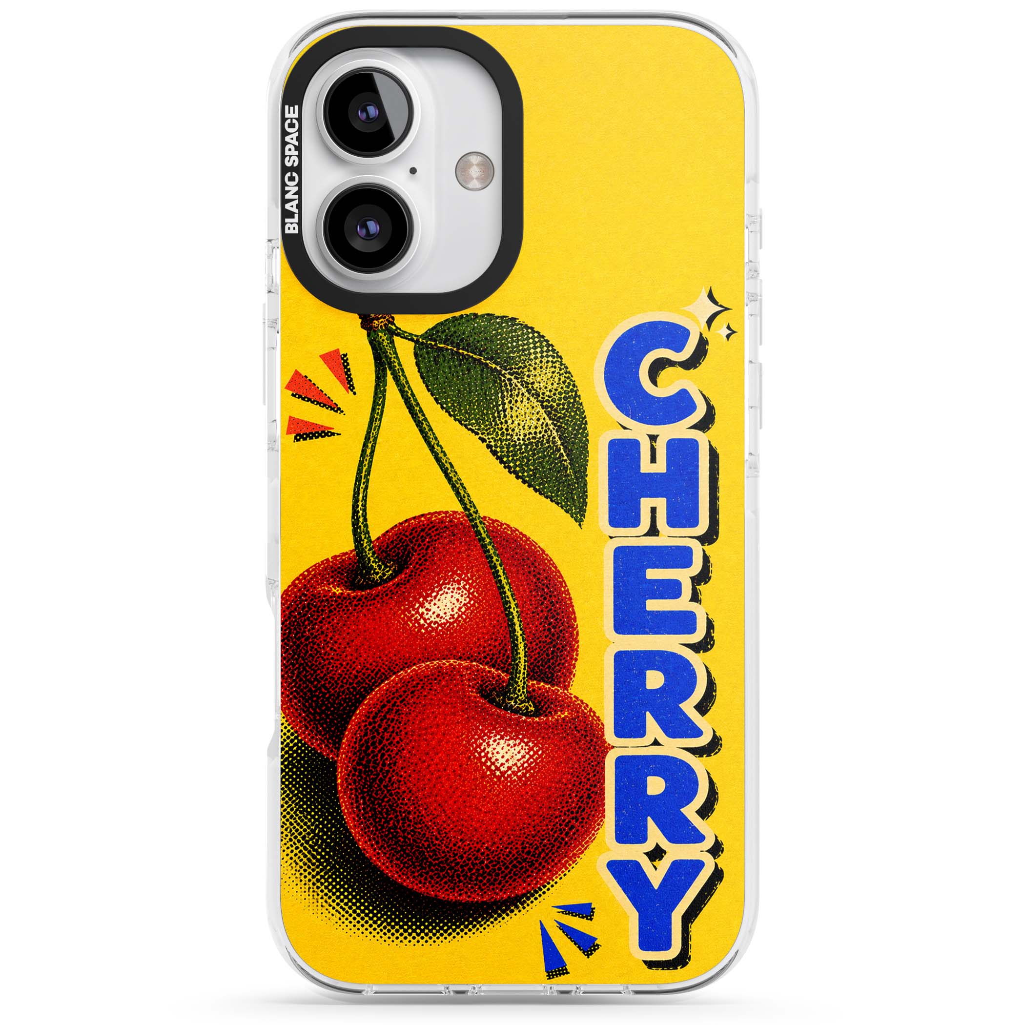 Cherry Yellow y2k iPhone case featuring two red cherries, halftone shading and bold blue CHERRY lettering on yellow | Clear Impact case for iPhone 16, iPhone 16 Plus