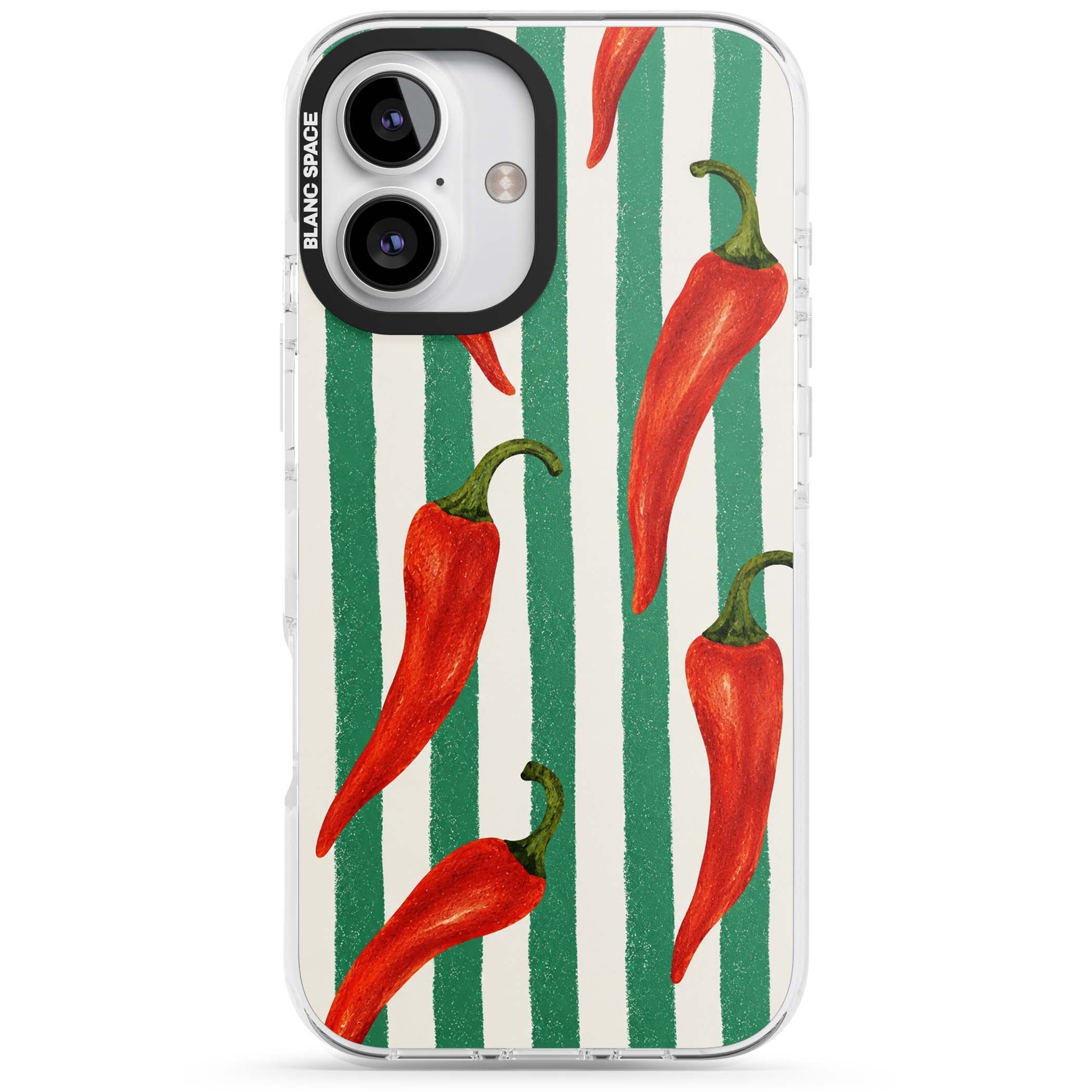 Striped Chillis coastal iPhone case featuring hand-painted red chili peppers on green and cream stripes | Clear Impact case for iPhone 16, iPhone 16 Plus