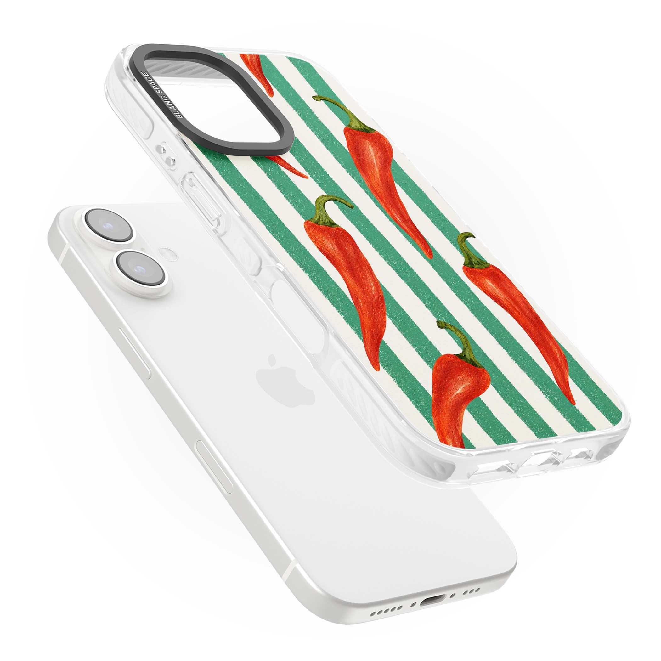 Striped Chillis coastal iPhone case featuring hand-painted red chili peppers on green and cream stripes | Clear Impact case for iPhone 16, iPhone 16 Plus