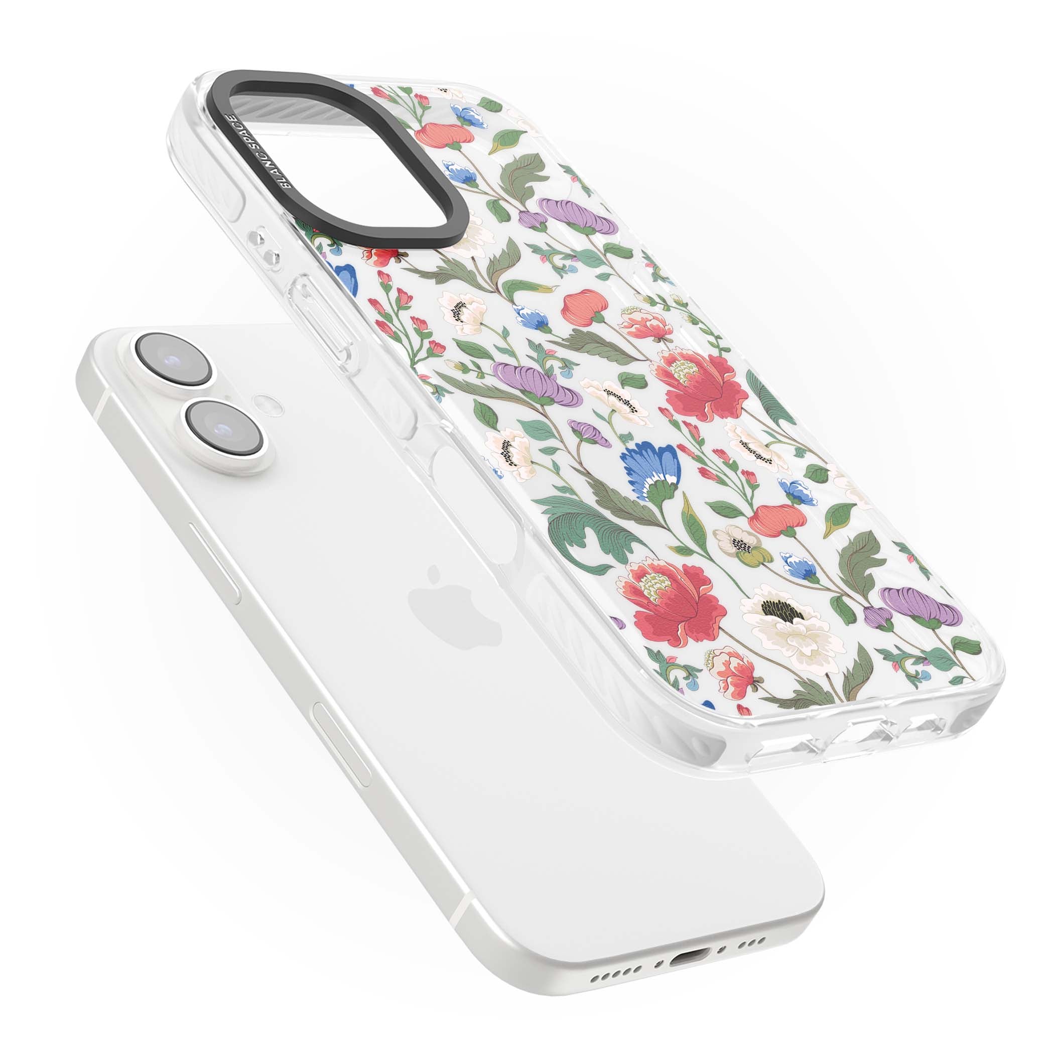 Chinoiserie Bloom vintage floral iPhone case featuring hand-painted peonies, poppies and trailing wildflowers on clear... | Clear Impact case for iPhone 16, iPhone 16 Plus