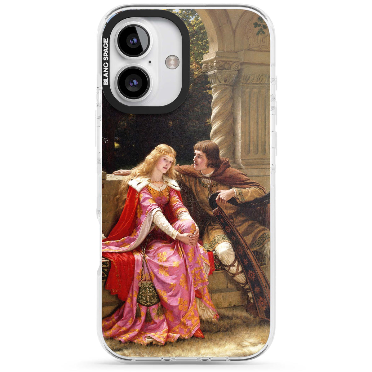 The End of the Song classic art iPhone case featuring a medieval lady in pink gown and her knight in a stone archway | Clear Impact case for iPhone 16, iPhone 16 Plus