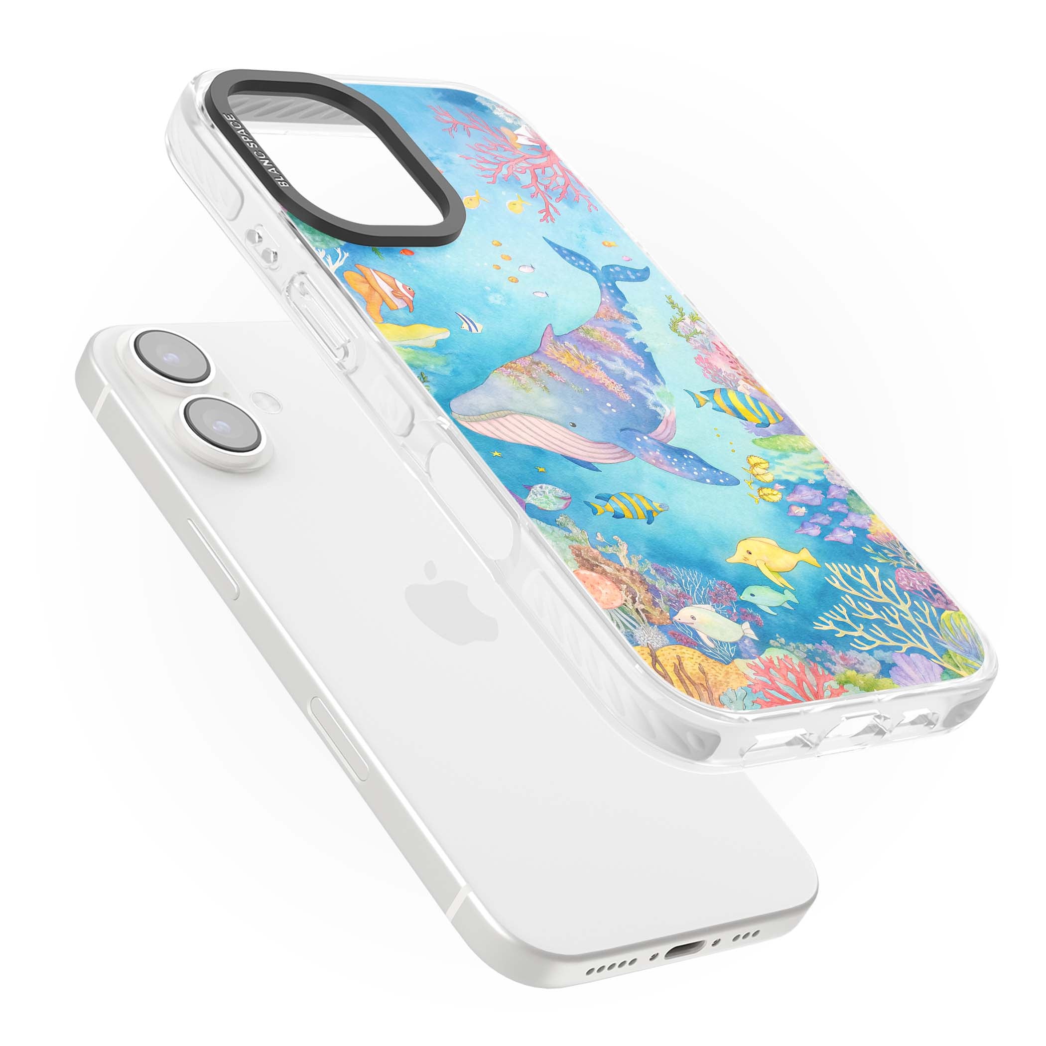 Coral Lagoon ocean iPhone case featuring a watercolour whale, coral reef and tropical fish | Clear Impact case for iPhone 16, iPhone 16 Plus