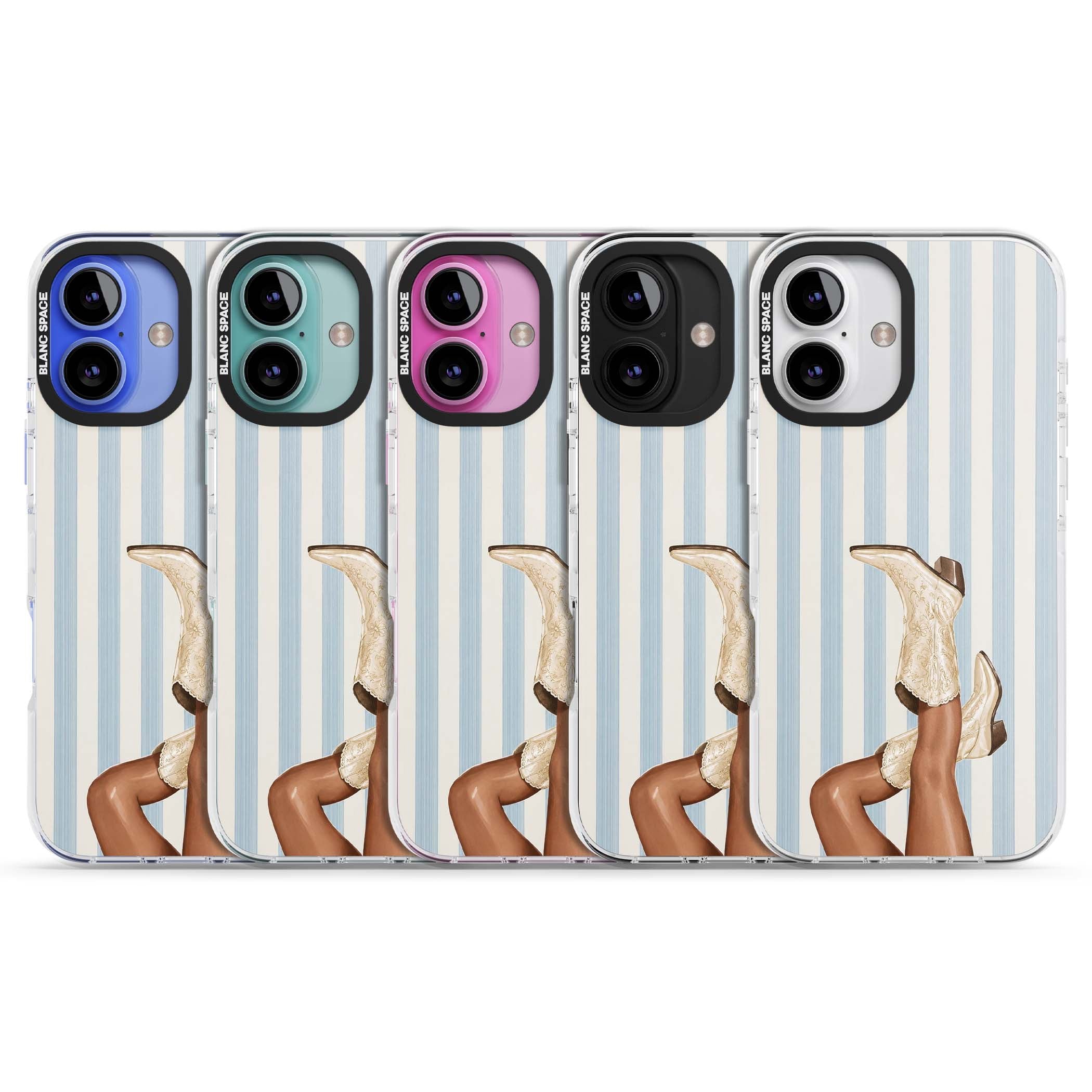 Cowgirl Boots coastal cowgirl iPhone case featuring embroidered western boots, tanned legs and a blue stripe backdrop | Clear Impact case for iPhone 16, iPhone 16 Plus