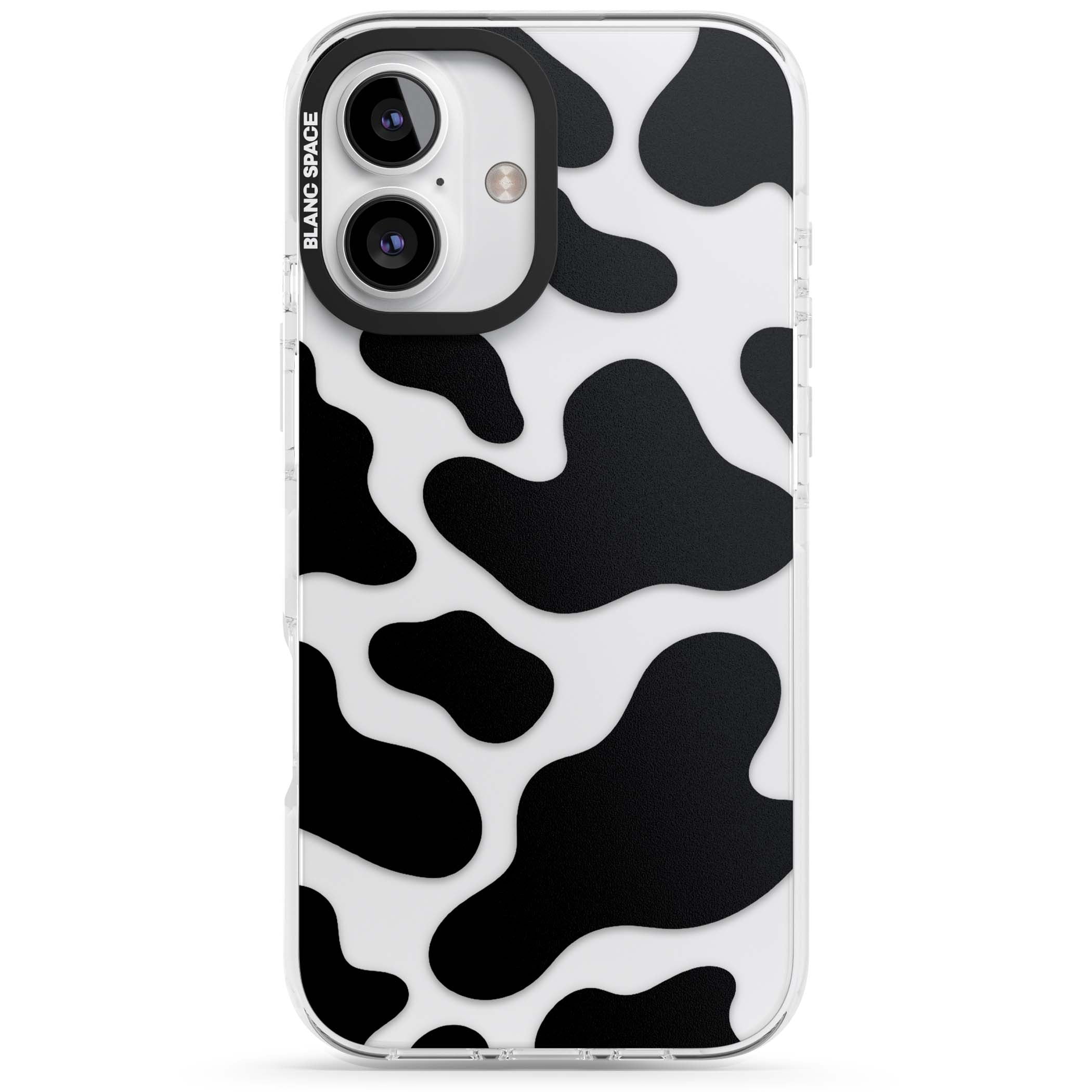 Clear Cow Print cow print iPhone case featuring black and white cow pattern splotches on a clear background | Clear Impact case for iPhone 16, iPhone 16 Plus