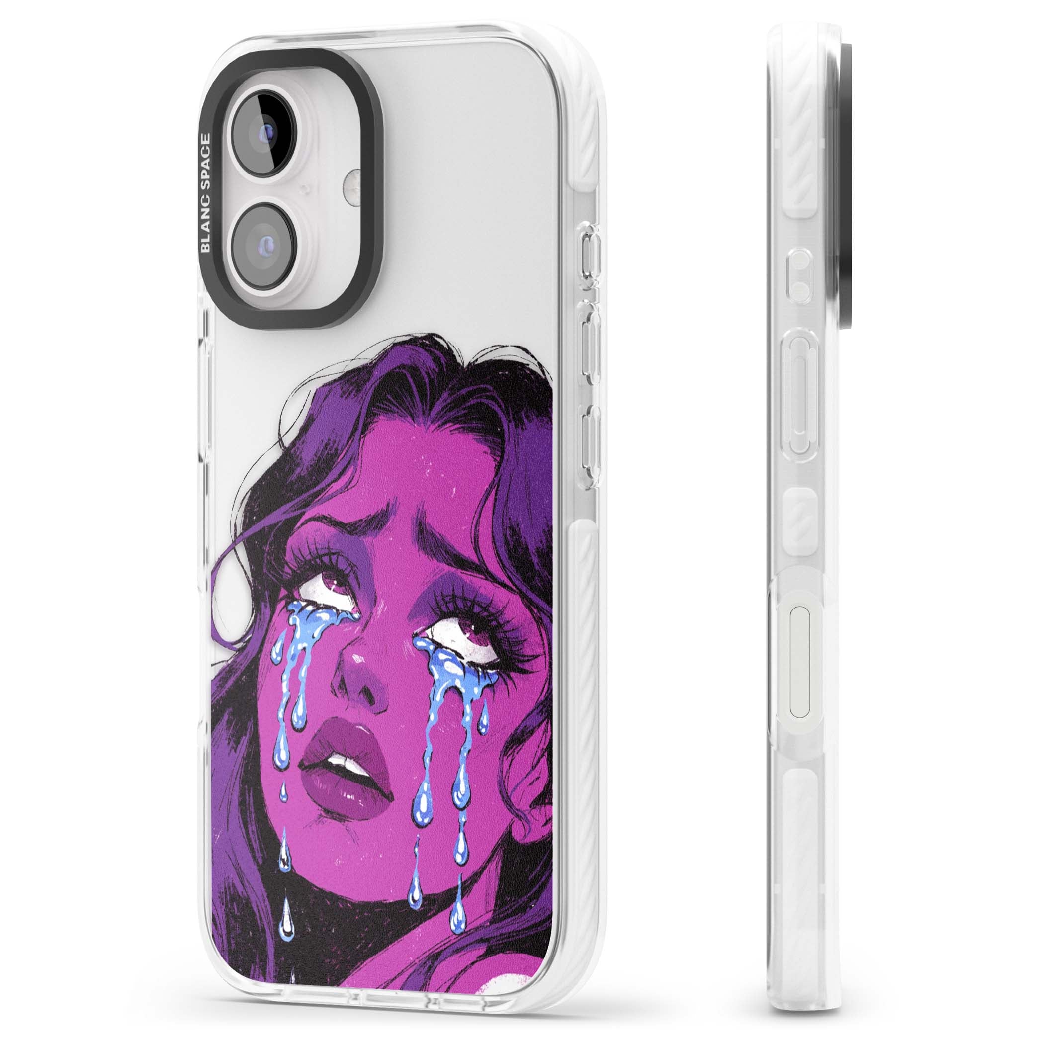 Drama Queen pop art iPhone case featuring a purple crying comic girl with blue tears | Clear Impact case for iPhone 16, iPhone 16 Plus