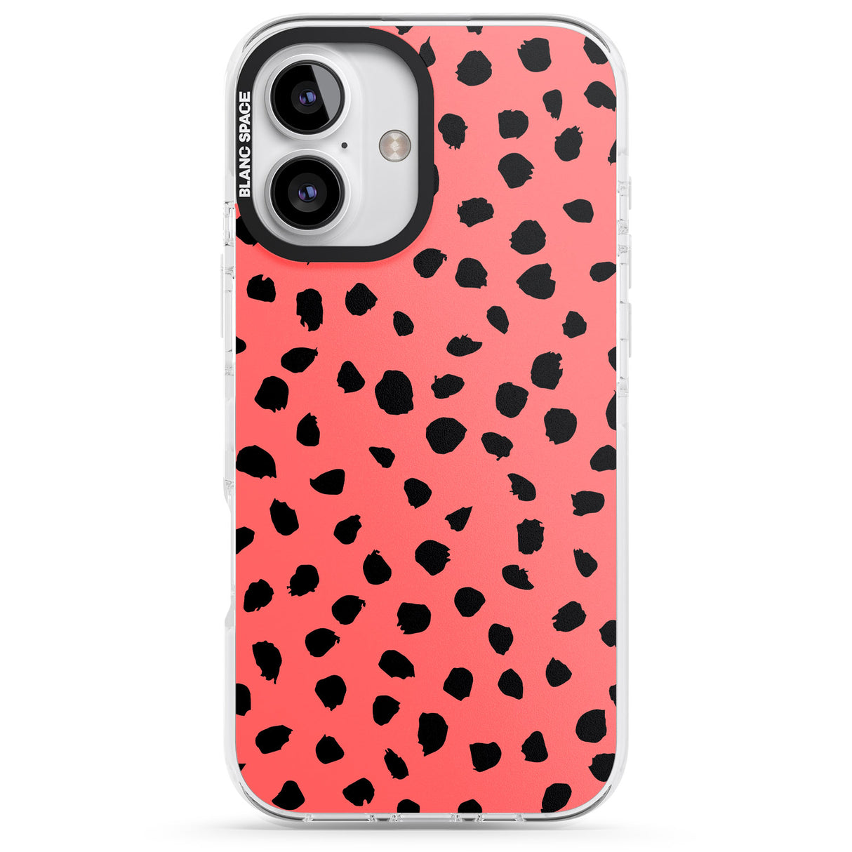 iPhone 16 Pro Max Black on Salmon Pink Dalmatian Polka Dot Spots Black Impact Phone Case