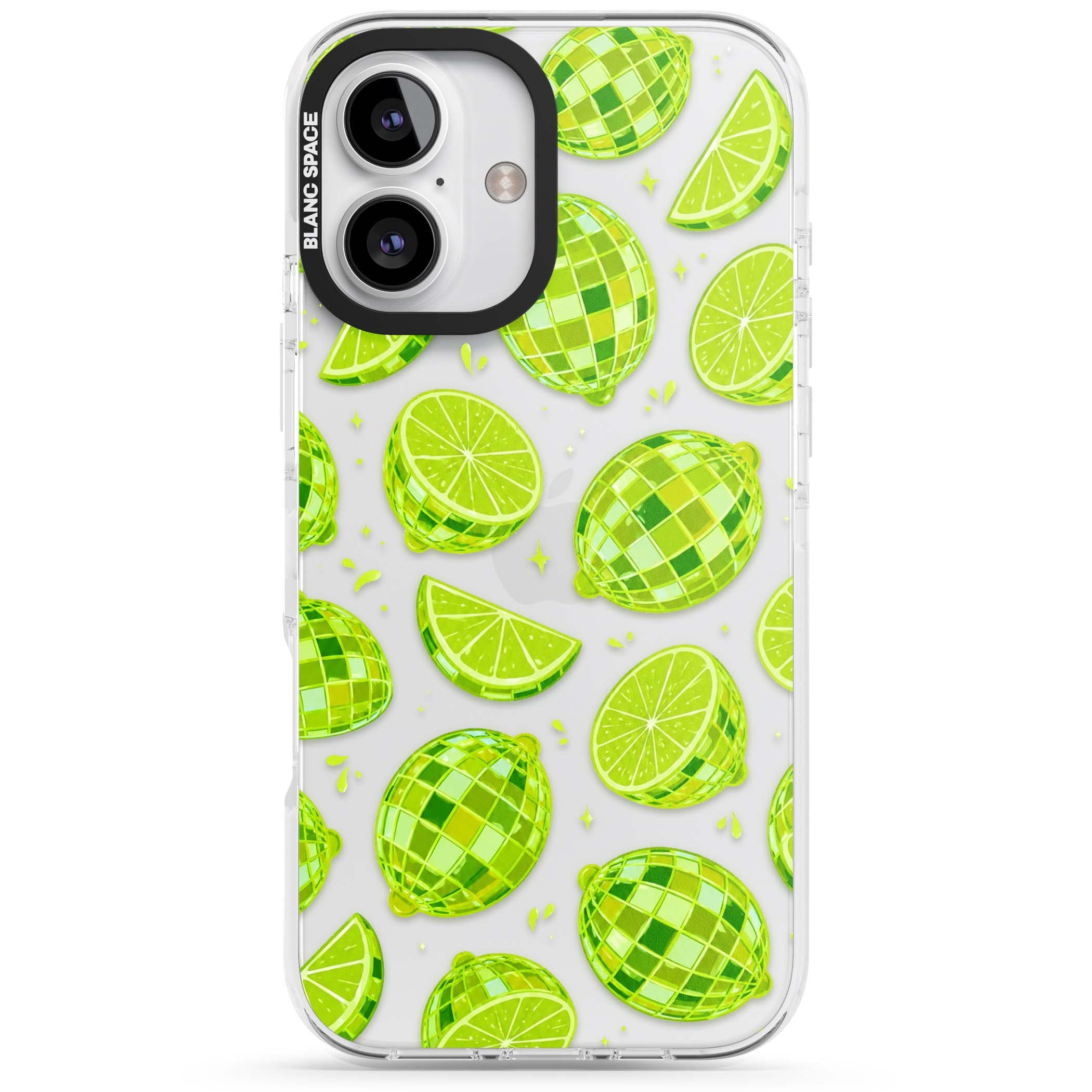 Disco Limes fruit aesthetic iPhone case featuring green disco balls, lime slices and citrus sparkles | Clear Impact case for iPhone 16, iPhone 16 Plus