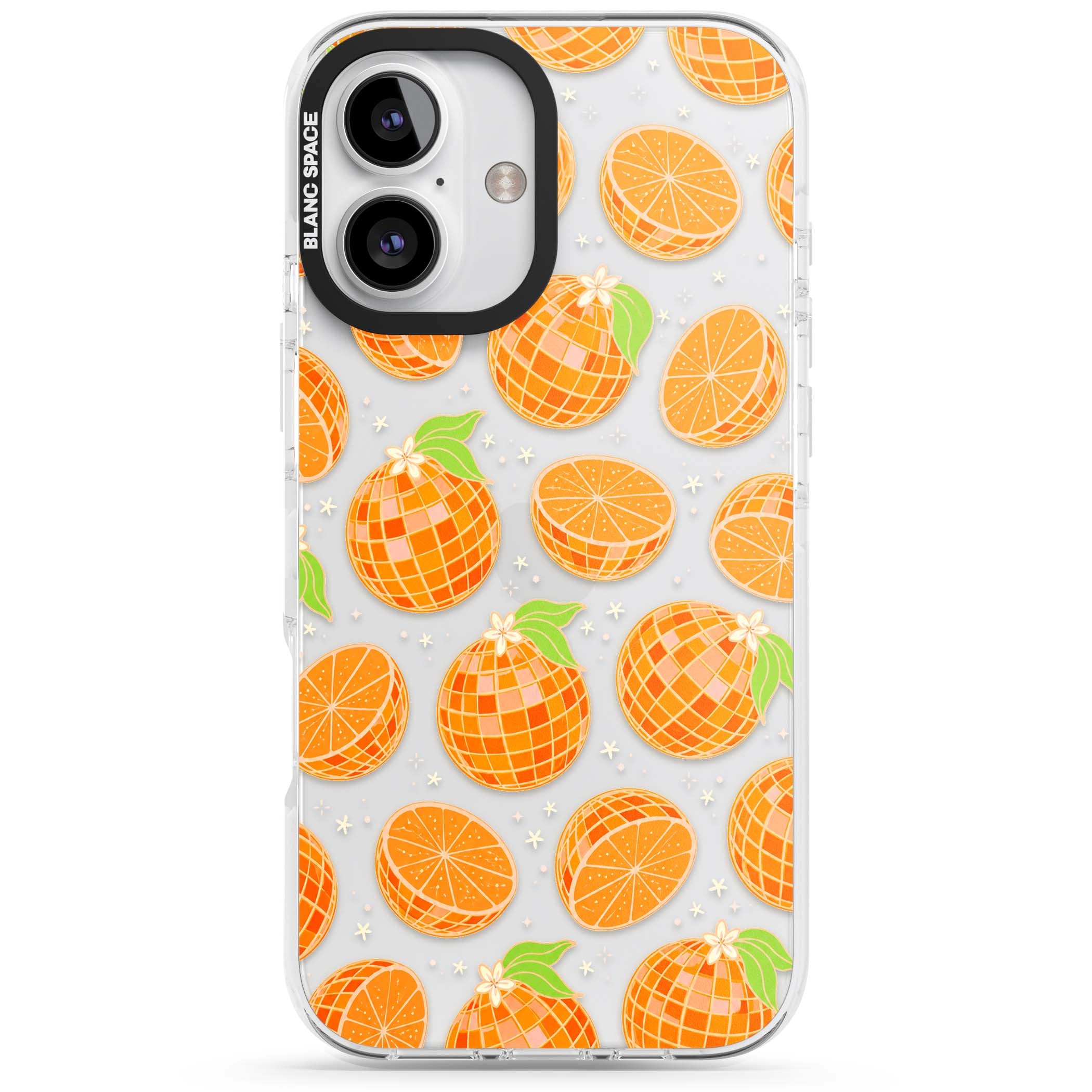 Disco Oranges retro iPhone case featuring mirrorball oranges, citrus slices and tiny blossoms on clear | Clear Impact case for iPhone 16, iPhone 16 Plus