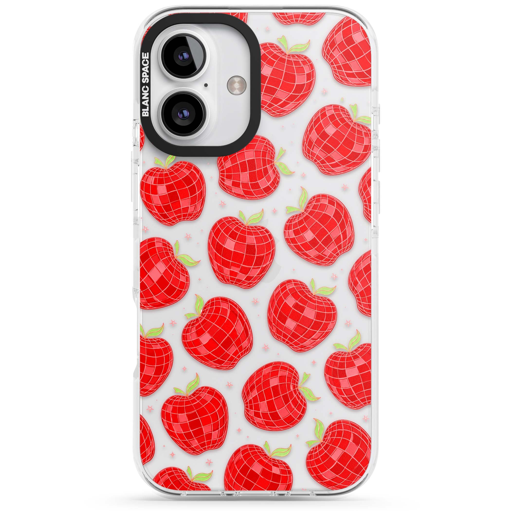 Disco Apples Y2K iPhone case featuring red disco ball apples, green leaves and pink sparkles on clear | Clear Impact case for iPhone 16, iPhone 16 Plus