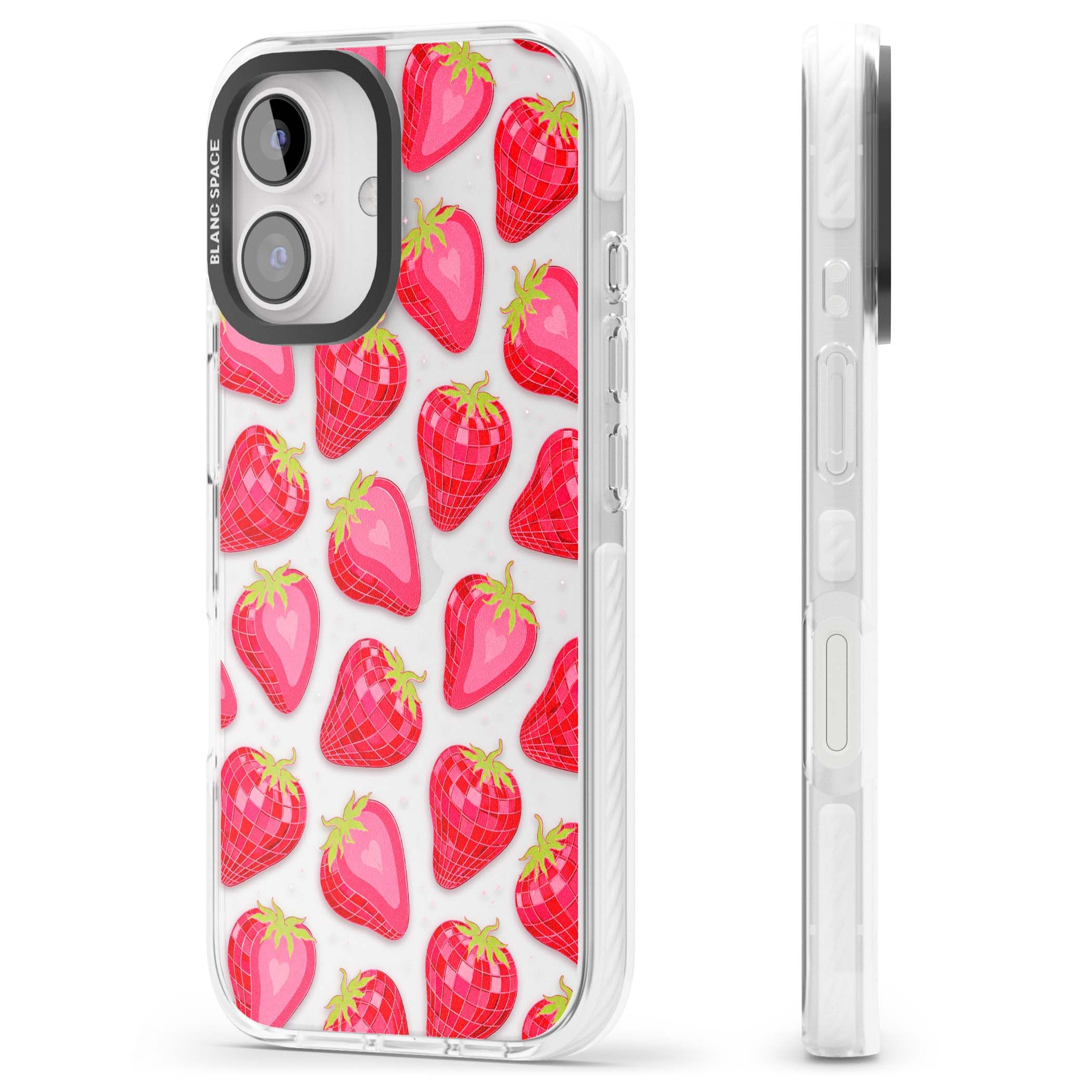 Disco Strawberry Y2K iPhone case featuring pink disco-ball strawberries, green leaves and tiny sparkles | Clear Impact case for iPhone 16, iPhone 16 Plus