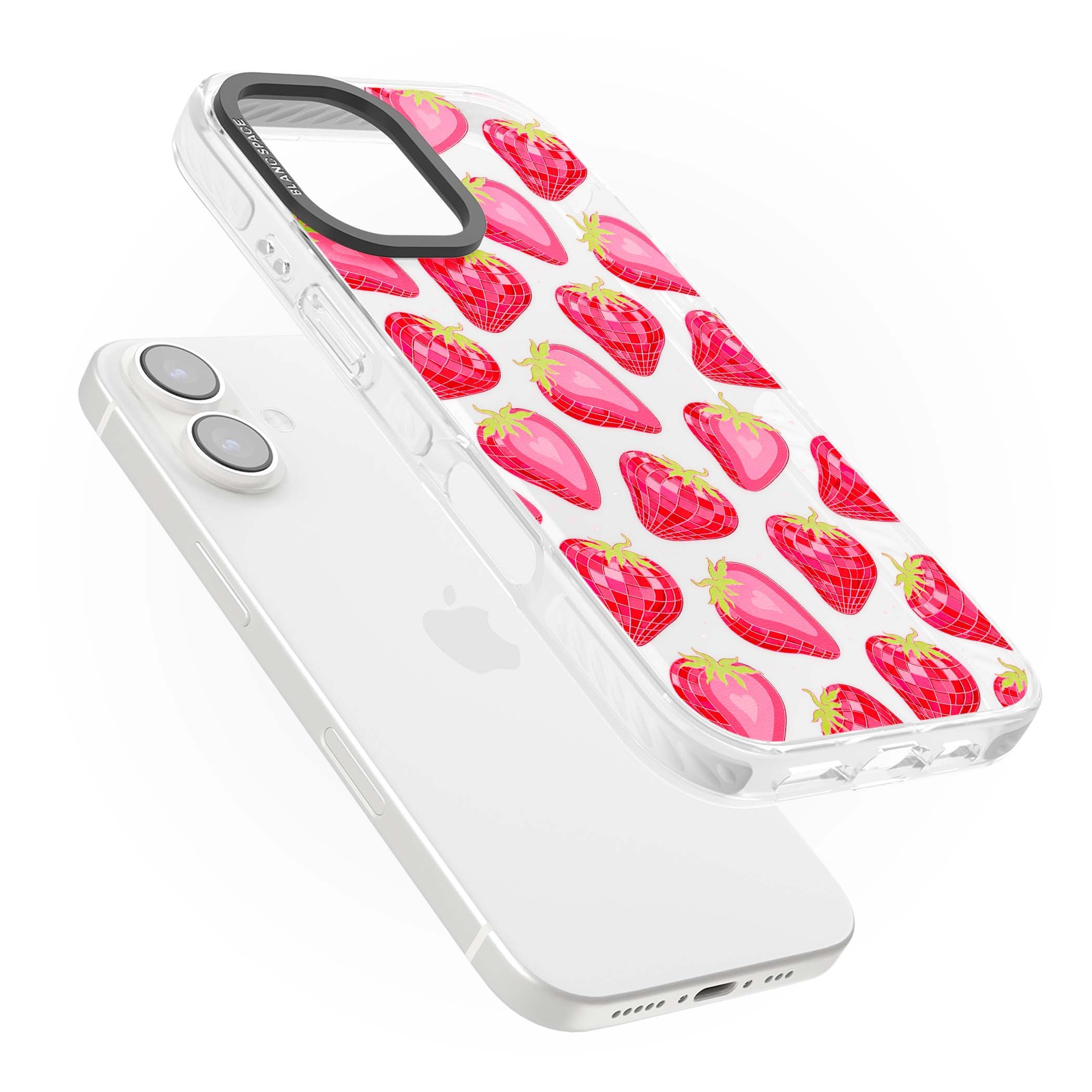 Disco Strawberry Y2K iPhone case featuring pink disco-ball strawberries, green leaves and tiny sparkles | Clear Impact case for iPhone 16, iPhone 16 Plus