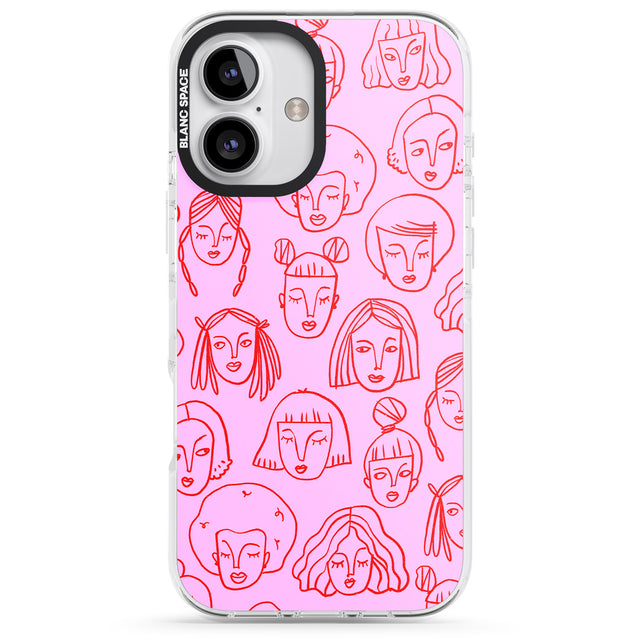 iPhone 16 Pro Max Girl Portrait Doodles in Pink & Red Black Impact Phone Case