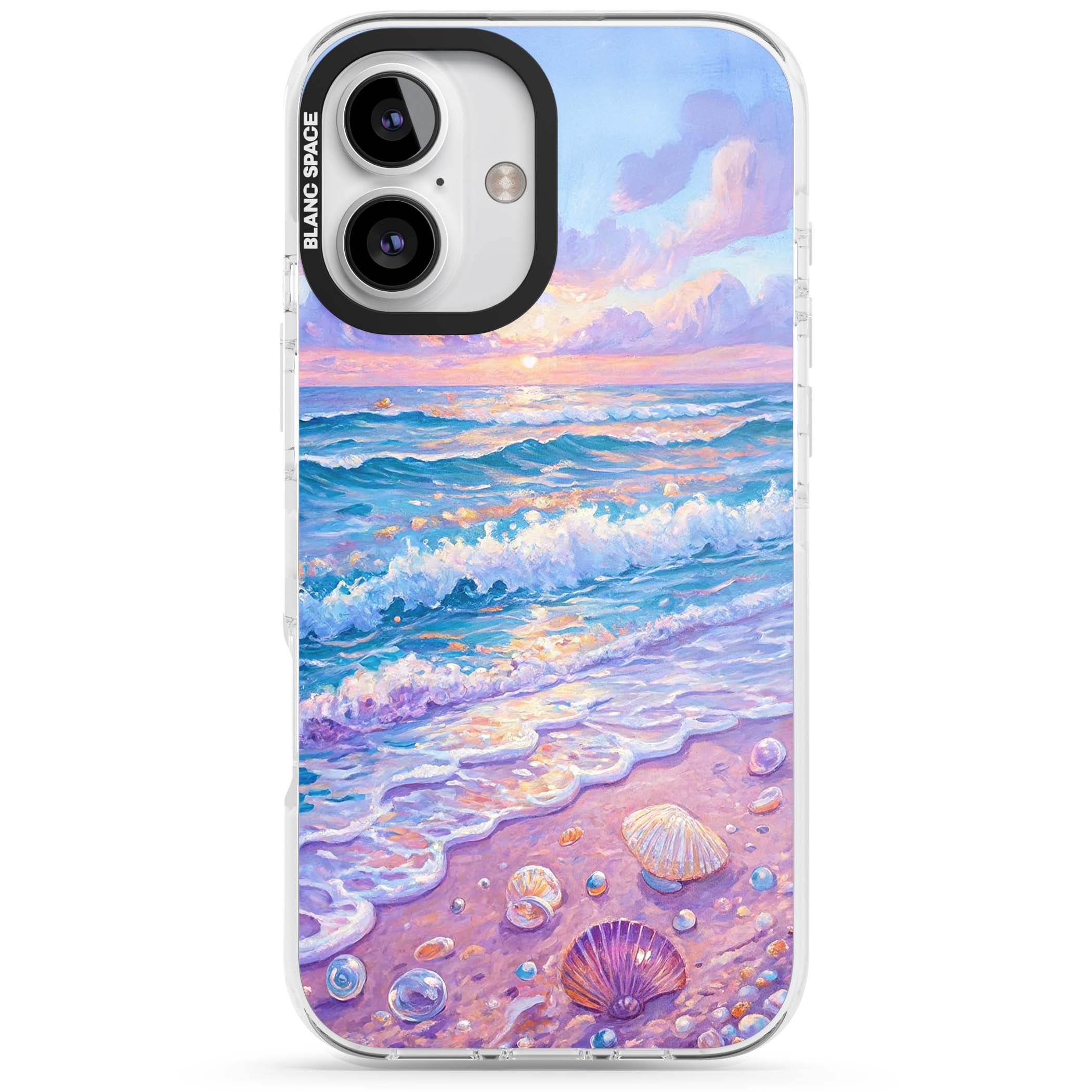 Pearl Shore coastal iPhone case featuring pastel painted waves, seashells, and a sunrise sky over a lavender beach. | Clear Impact case for iPhone 16, iPhone 16 Plus
