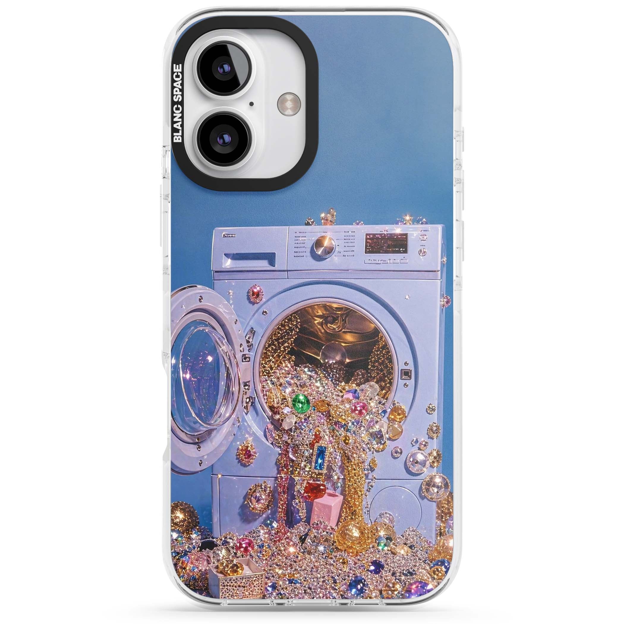 Gem Laundry baddie iPhone case featuring a surreal washing machine overflowing with colourful gemstones and crystals | Clear Impact case for iPhone 16, iPhone 16 Plus