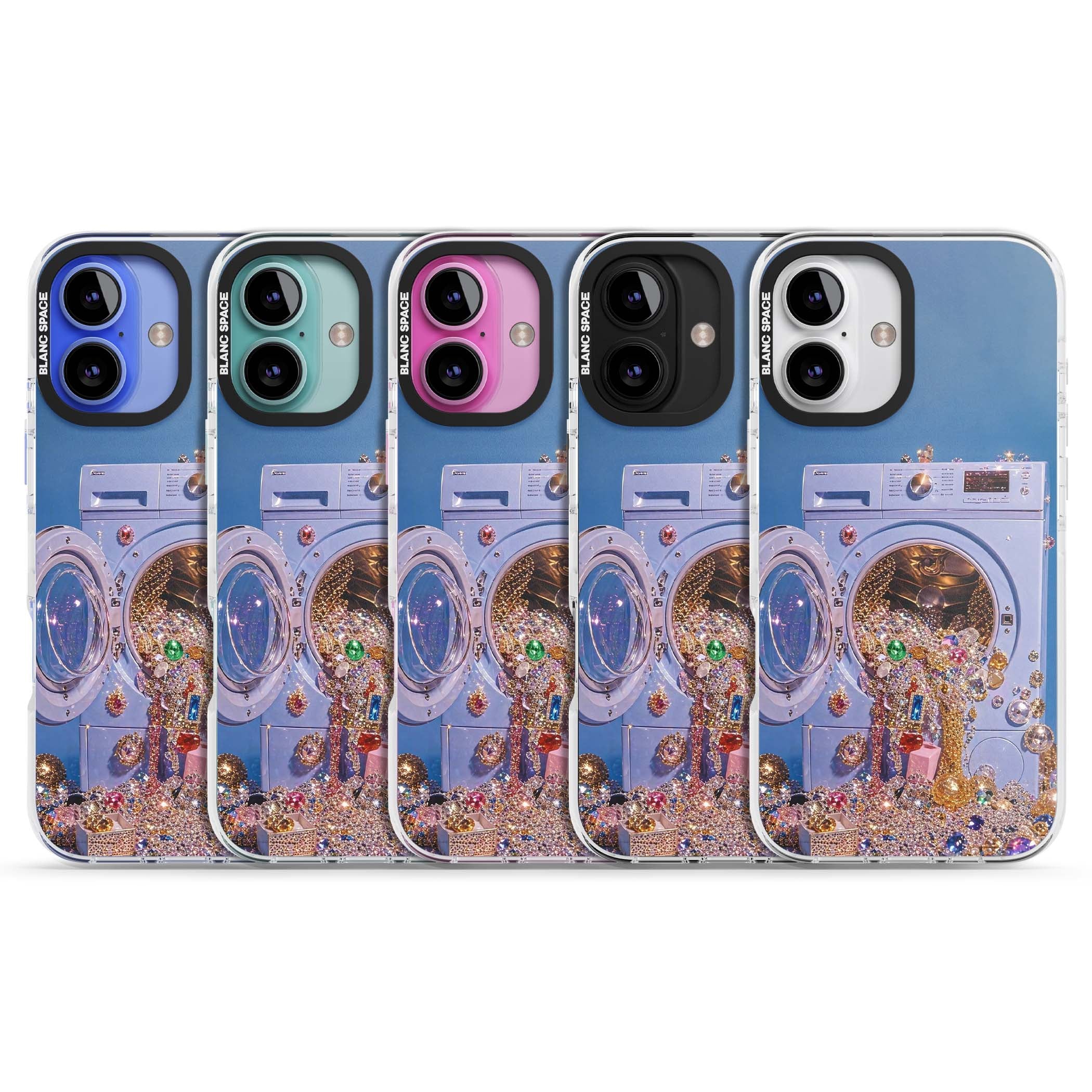 Gem Laundry baddie iPhone case featuring a surreal washing machine overflowing with colourful gemstones and crystals | Clear Impact case for iPhone 16, iPhone 16 Plus