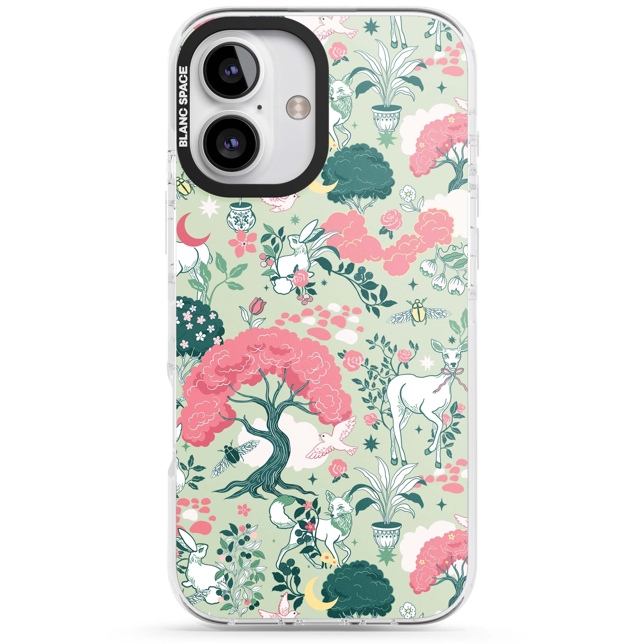 Enchanted Woodland cottagecore iPhone case featuring white deer, pink roses, mushrooms and woodland animals on sage green | Clear Impact case for iPhone 16, iPhone 16 Plus
