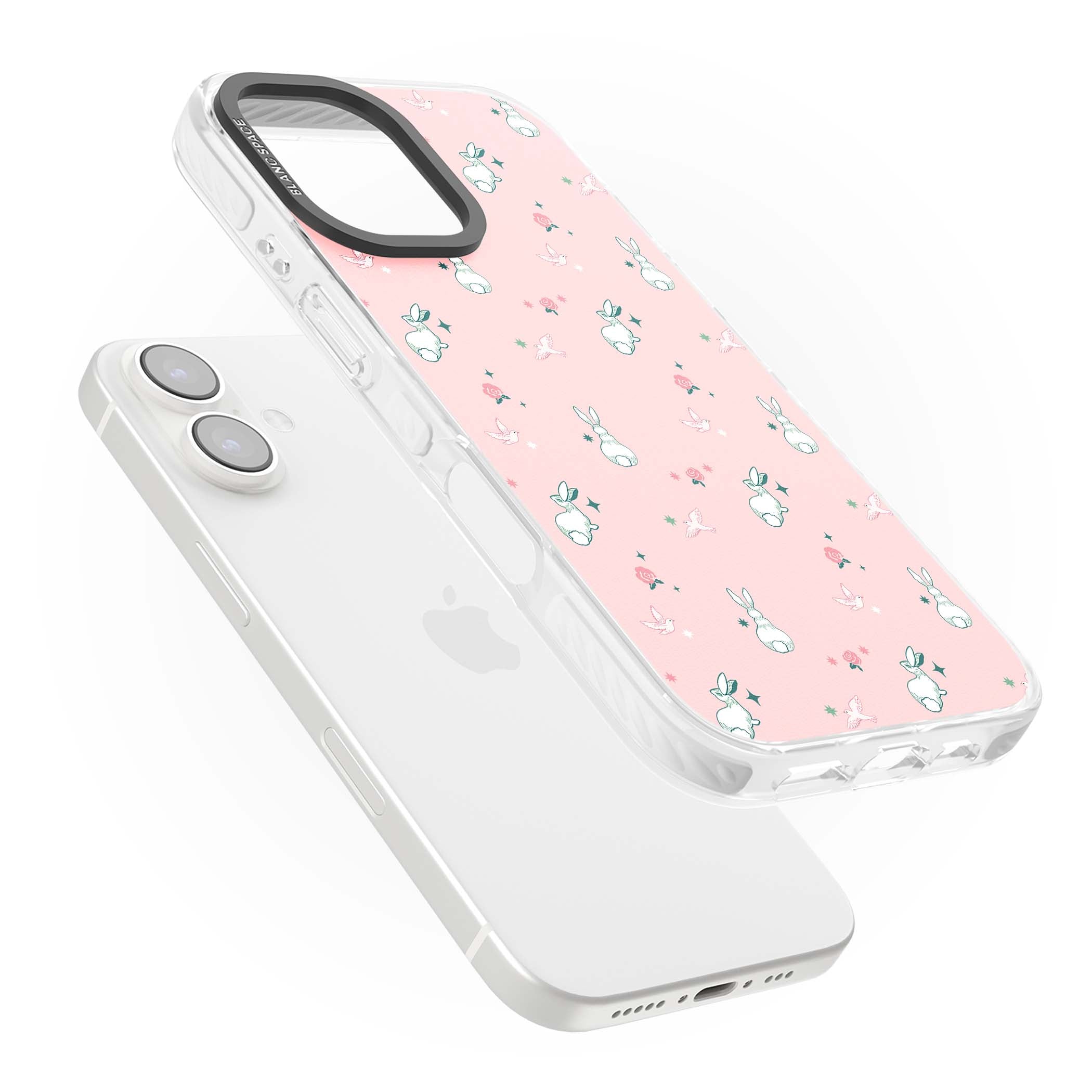 Bunny Garden kawaii iPhone case featuring white rabbits, pink roses, doves and stars on pink background | Clear Impact case for iPhone 16, iPhone 16 Plus