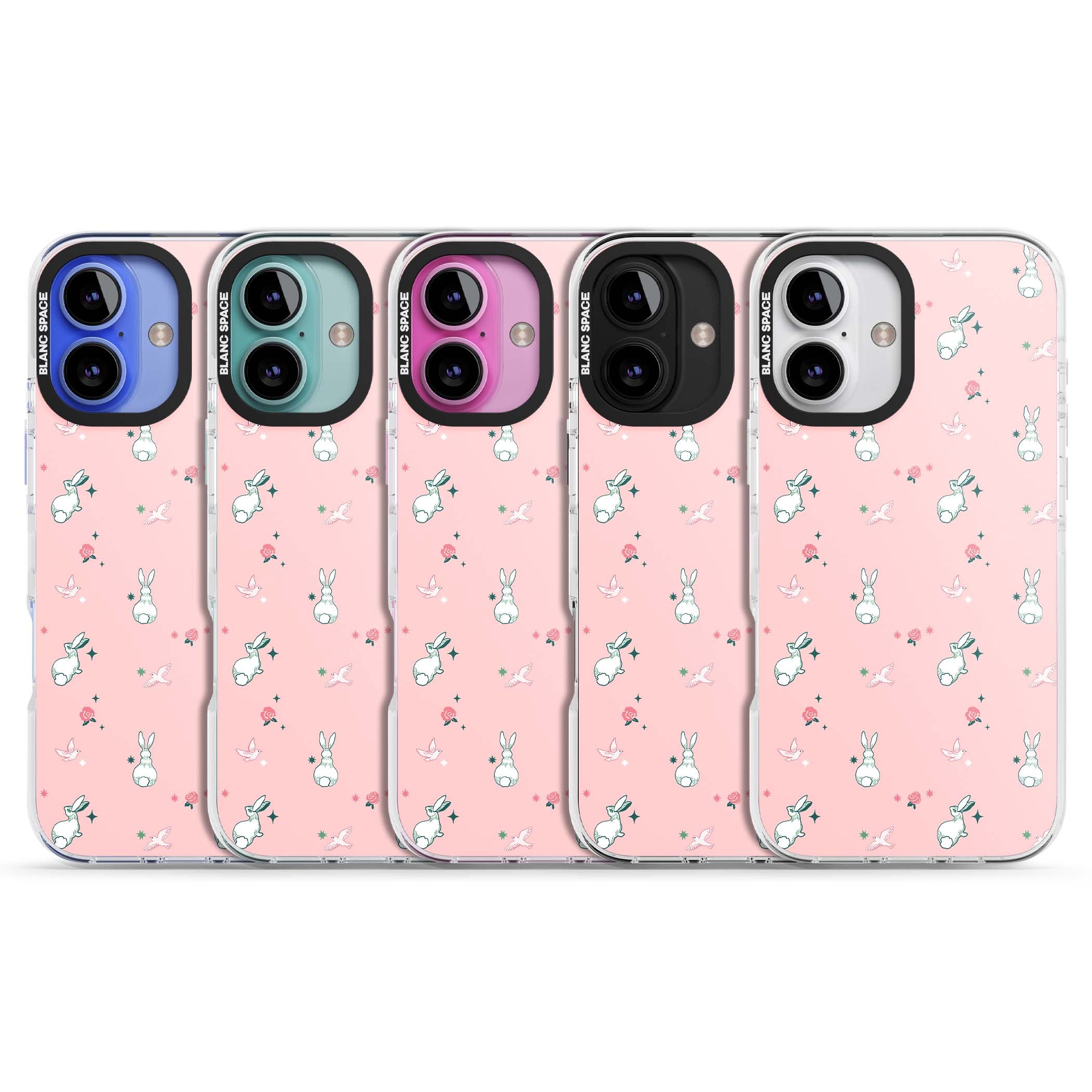 Bunny Garden kawaii iPhone case featuring white rabbits, pink roses, doves and stars on pink background | Clear Impact case for iPhone 16, iPhone 16 Plus