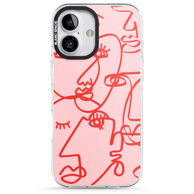 iPhone 16 Pro Max Abstract Continuous Line Faces Red on Pink Black Impact Phone Case