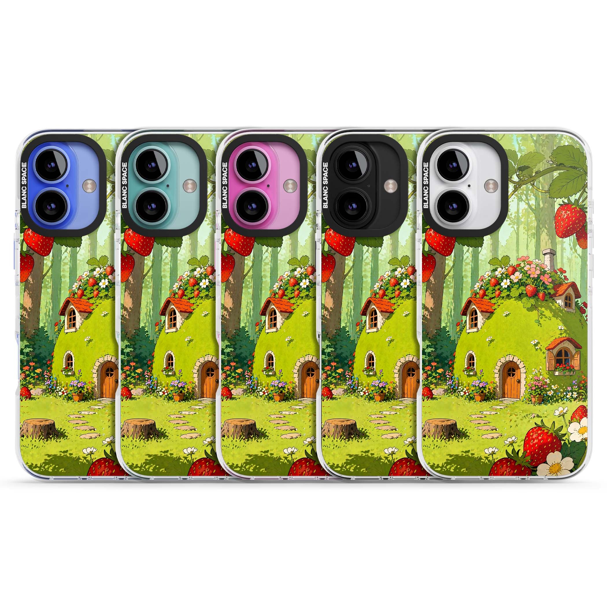 Strawberry Cottage cottagecore iPhone case featuring a green fairy house, wild strawberries and enchanted forest flowers | Clear Impact case for iPhone 16, iPhone 16 Plus