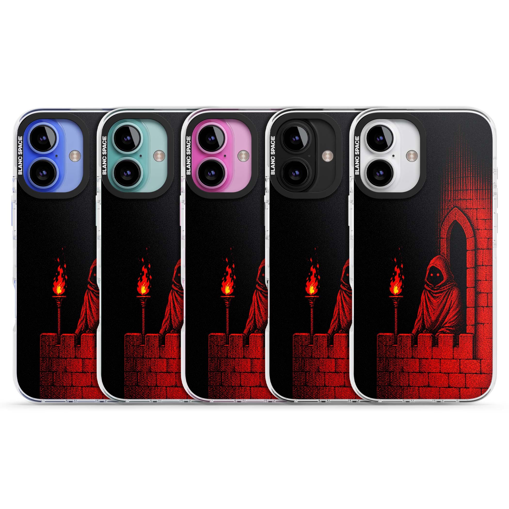 Crimson Crypt gothic iPhone case featuring a hooded reaper, torchlit crypt archway and red halftone horror art | Clear Impact case for iPhone 16, iPhone 16 Plus