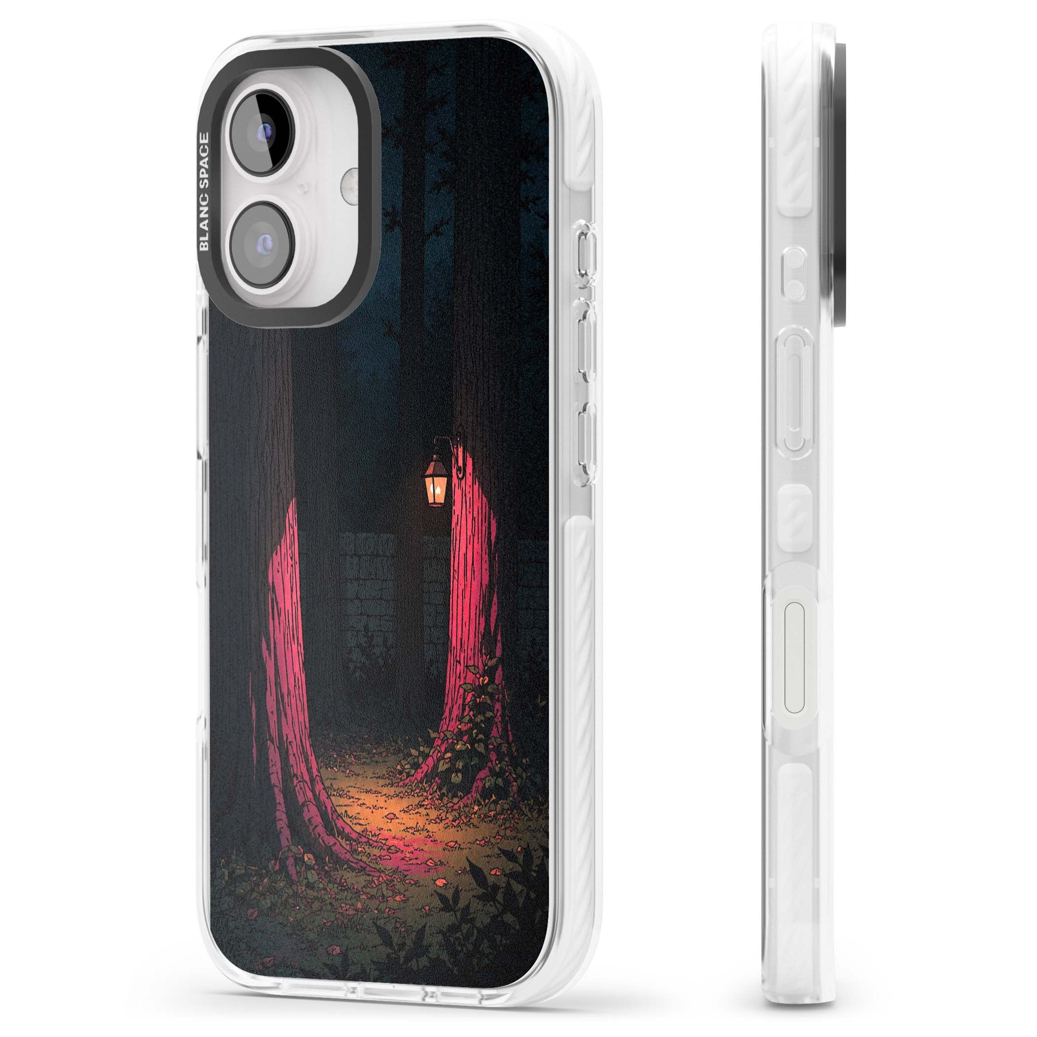 Forest Lantern dark academia iPhone case featuring a moonlit forest, glowing lantern, and stone wall pathway | Clear Impact case for iPhone 16, iPhone 16 Plus