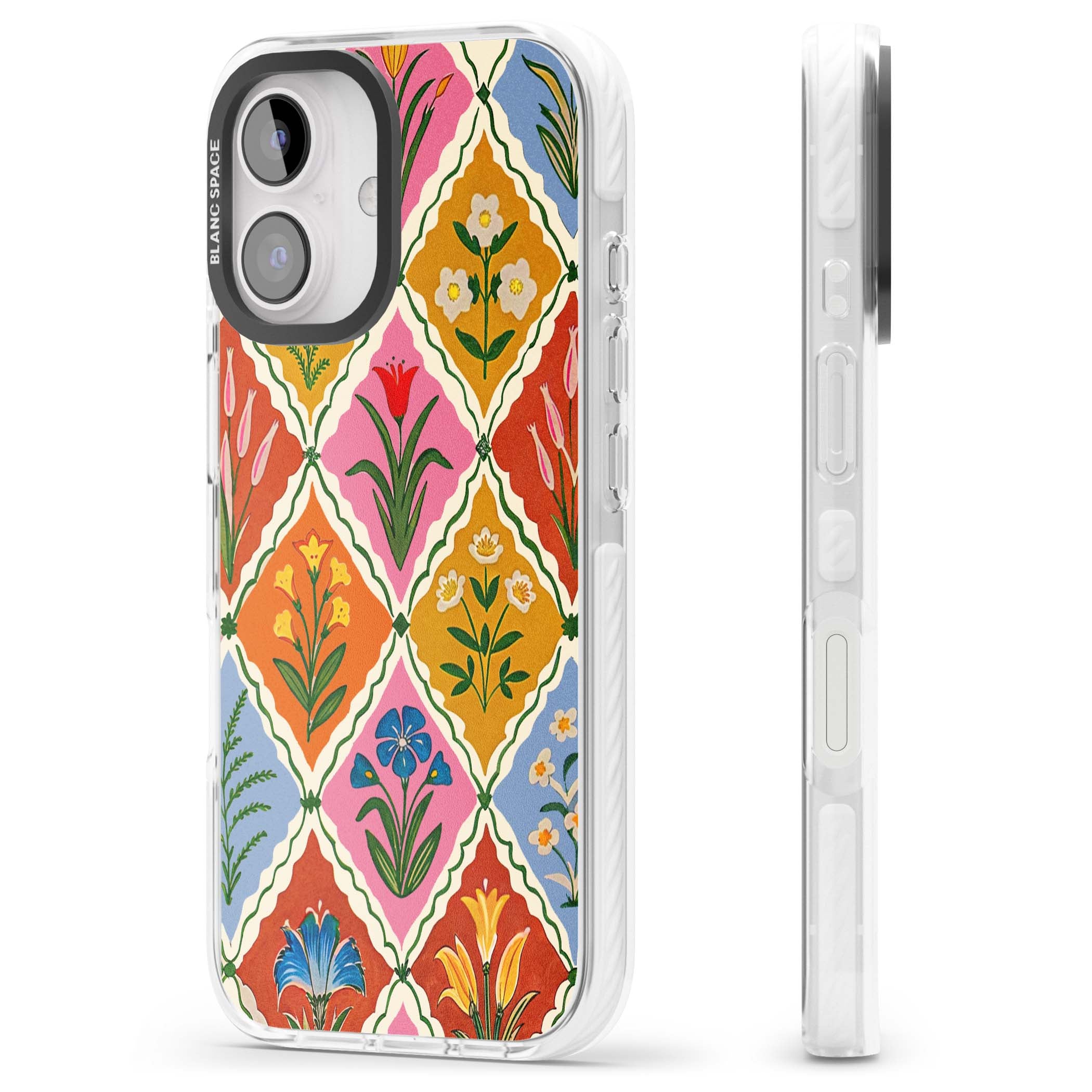 Floral Quilt boho floral iPhone case featuring diamond lattice pattern, hand-painted tulips and folk art wildflowers | Clear Impact case for iPhone 16, iPhone 16 Plus
