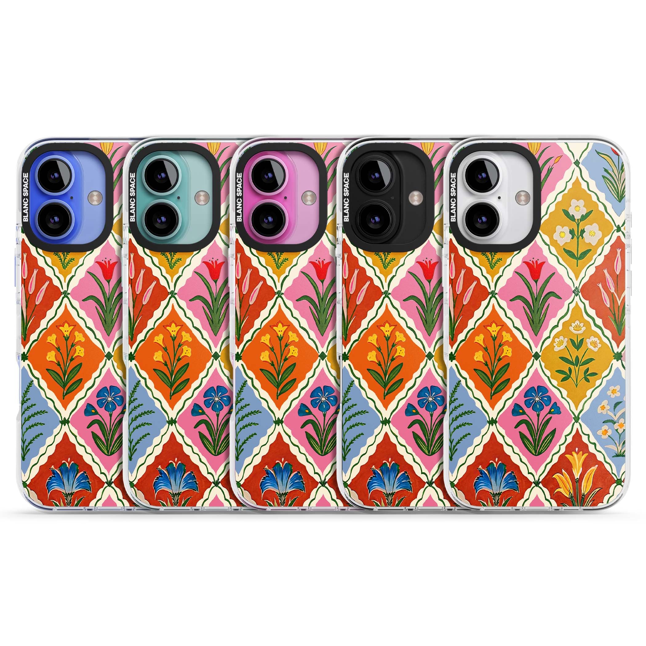 Floral Quilt boho floral iPhone case featuring diamond lattice pattern, hand-painted tulips and folk art wildflowers | Clear Impact case for iPhone 16, iPhone 16 Plus