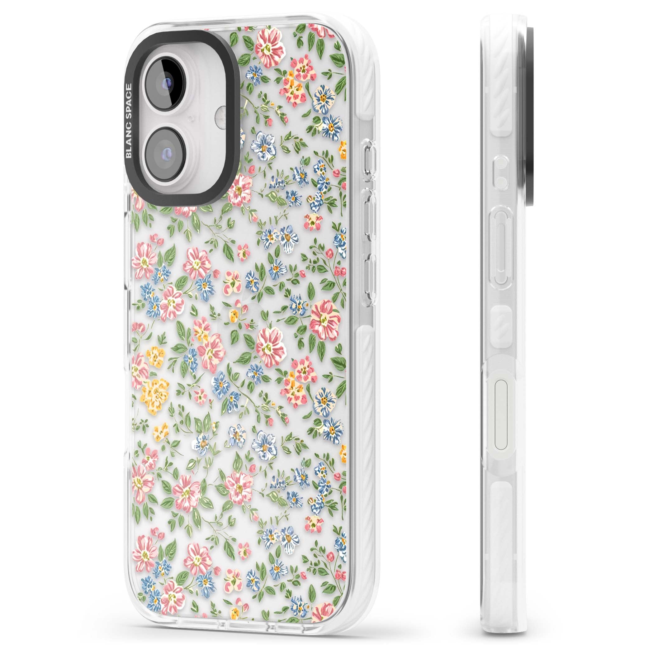 Soft Meadow cottagecore iPhone case featuring pink cosmos, blue forget-me-nots, yellow buttercups and green leaves sca | Clear Impact case for iPhone 16, iPhone 16 Plus