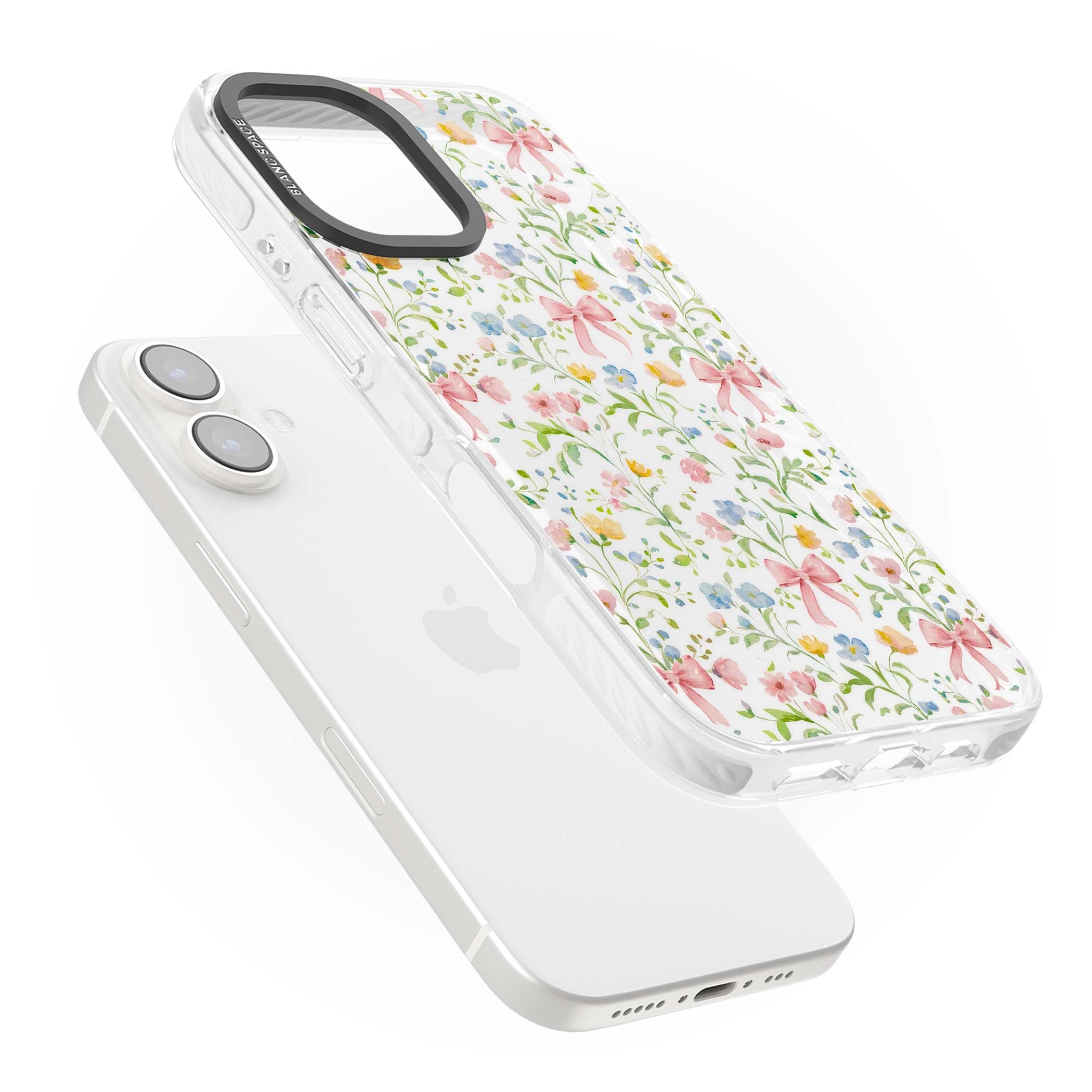 Ribbons & Wildflowers cottagecore iPhone case featuring watercolor wildflowers, pink satin bows, and delicate spring blooms o | Clear Impact case for iPhone 16, iPhone 16 Plus