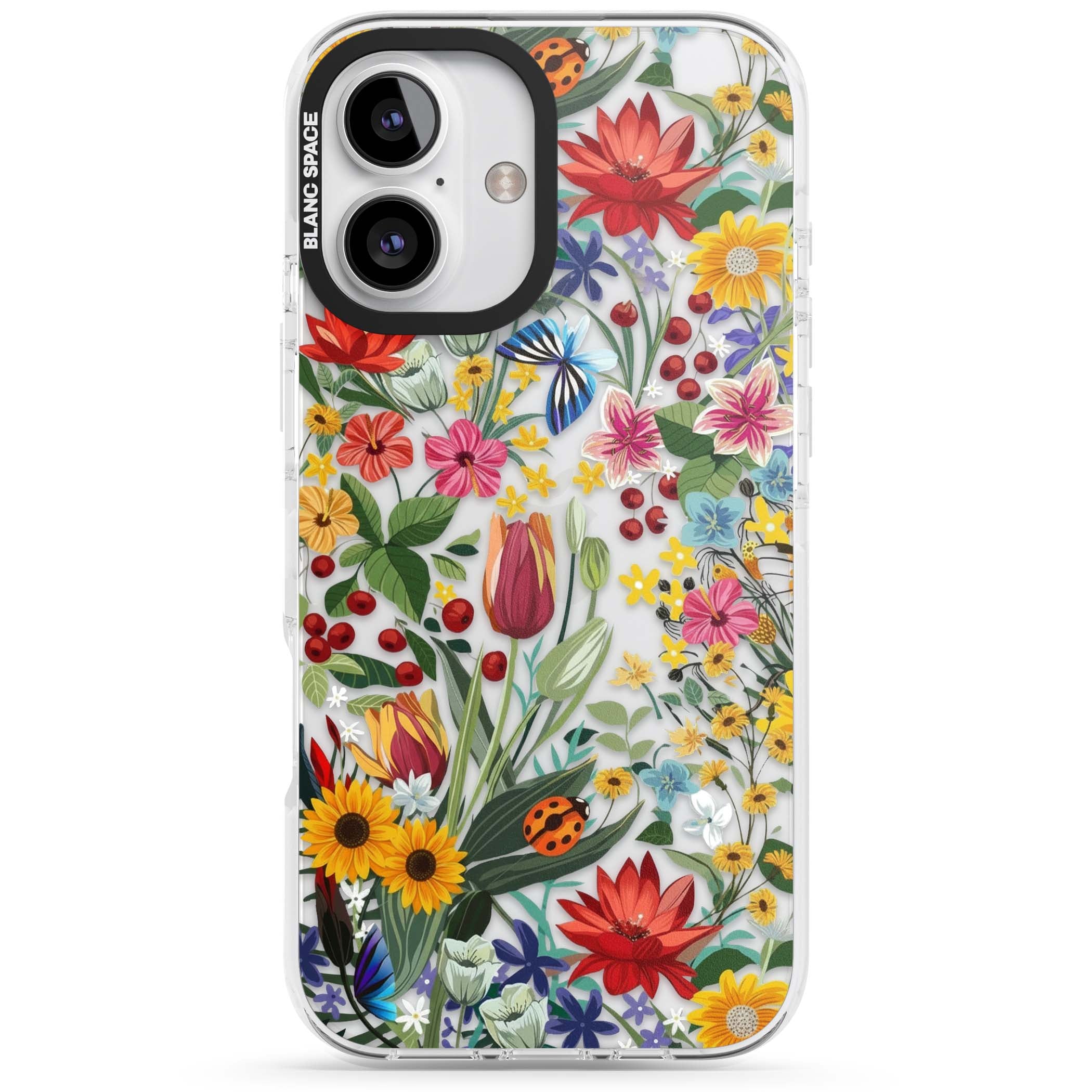 Botanical Bloom cottagecore iPhone case featuring colorful wildflowers, sunflowers, and ladybugs on clear background | Clear Impact case for iPhone 16, iPhone 16 Plus