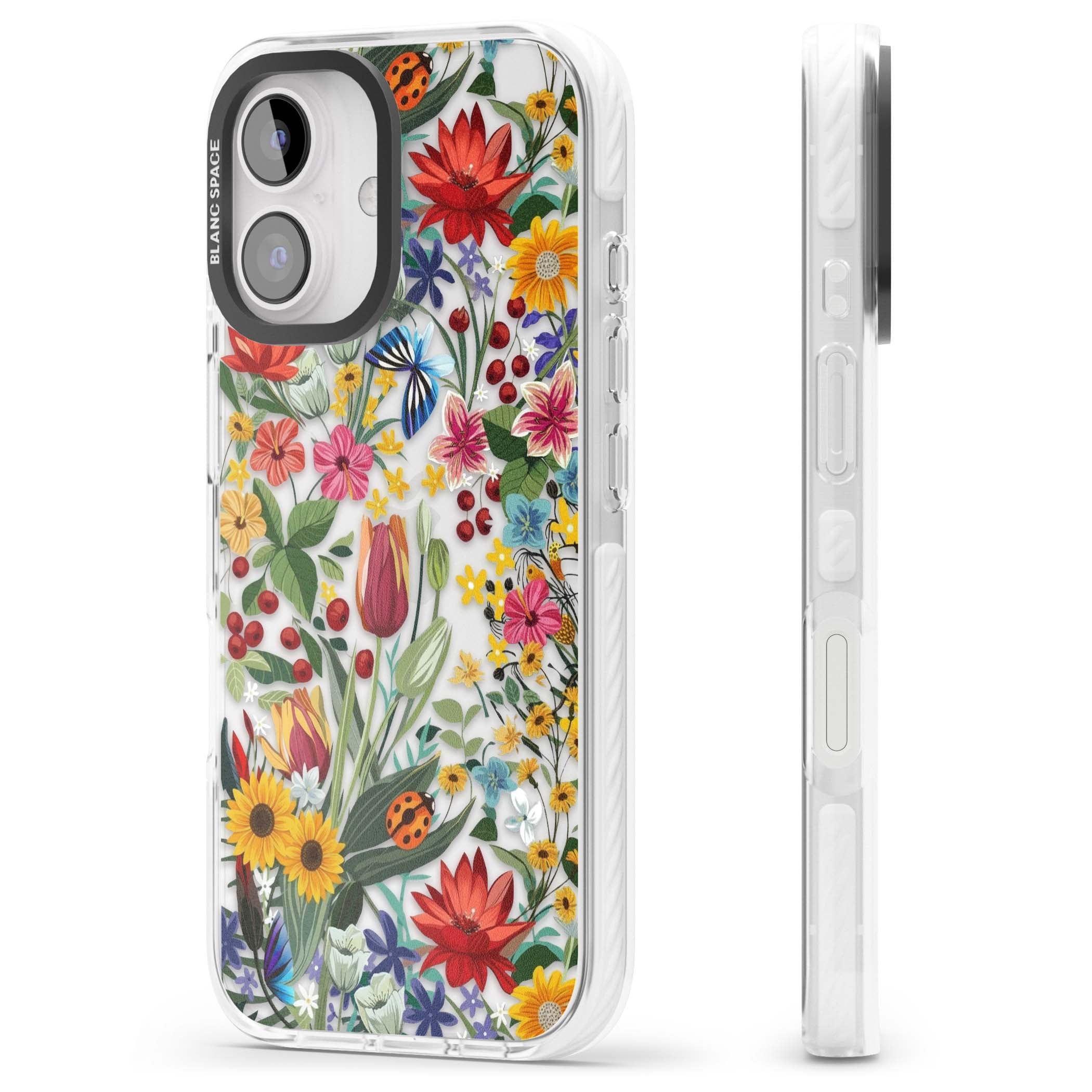 Botanical Bloom cottagecore iPhone case featuring colorful wildflowers, sunflowers, and ladybugs on clear background | Clear Impact case for iPhone 16, iPhone 16 Plus