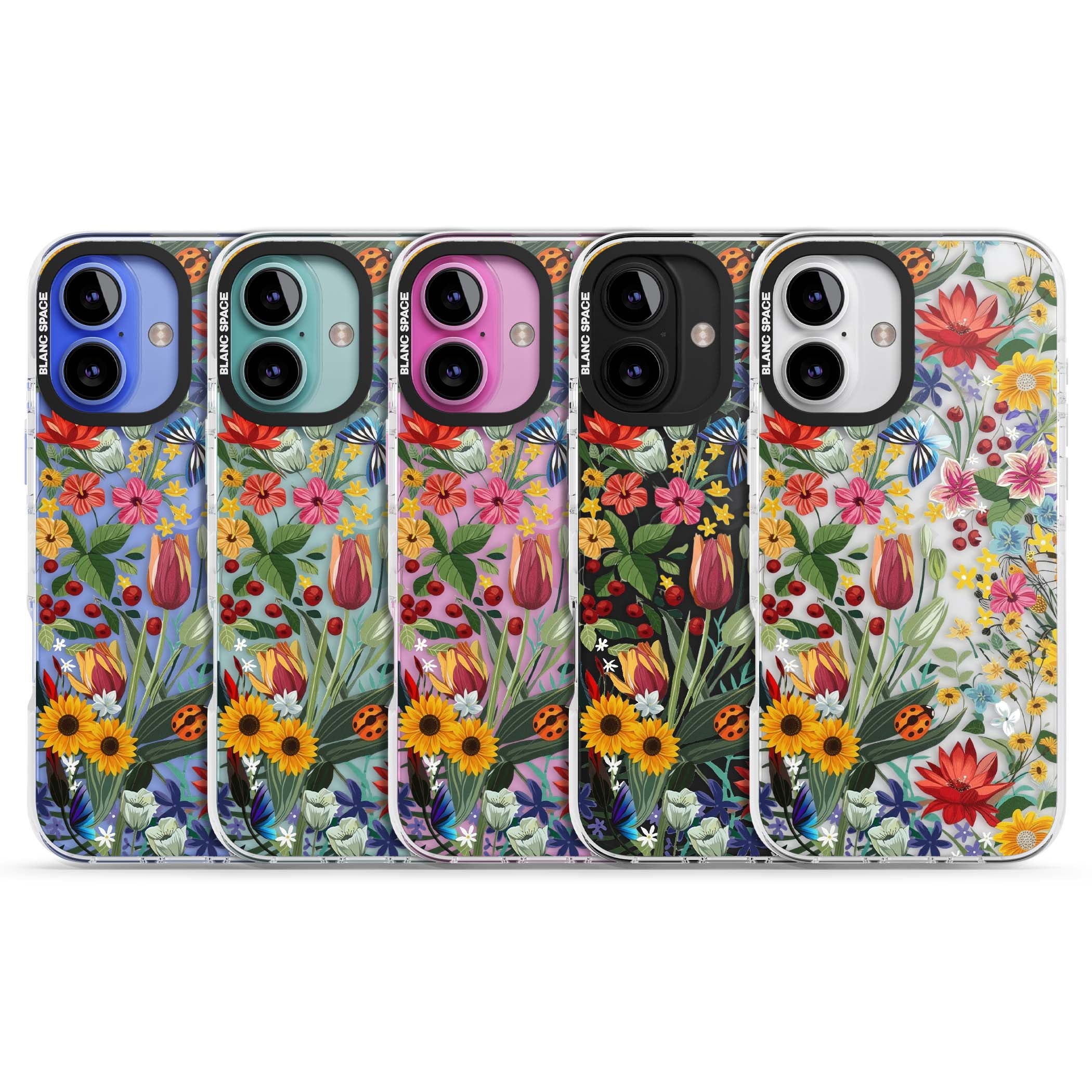 Botanical Bloom cottagecore iPhone case featuring colorful wildflowers, sunflowers, and ladybugs on clear background | Clear Impact case for iPhone 16, iPhone 16 Plus