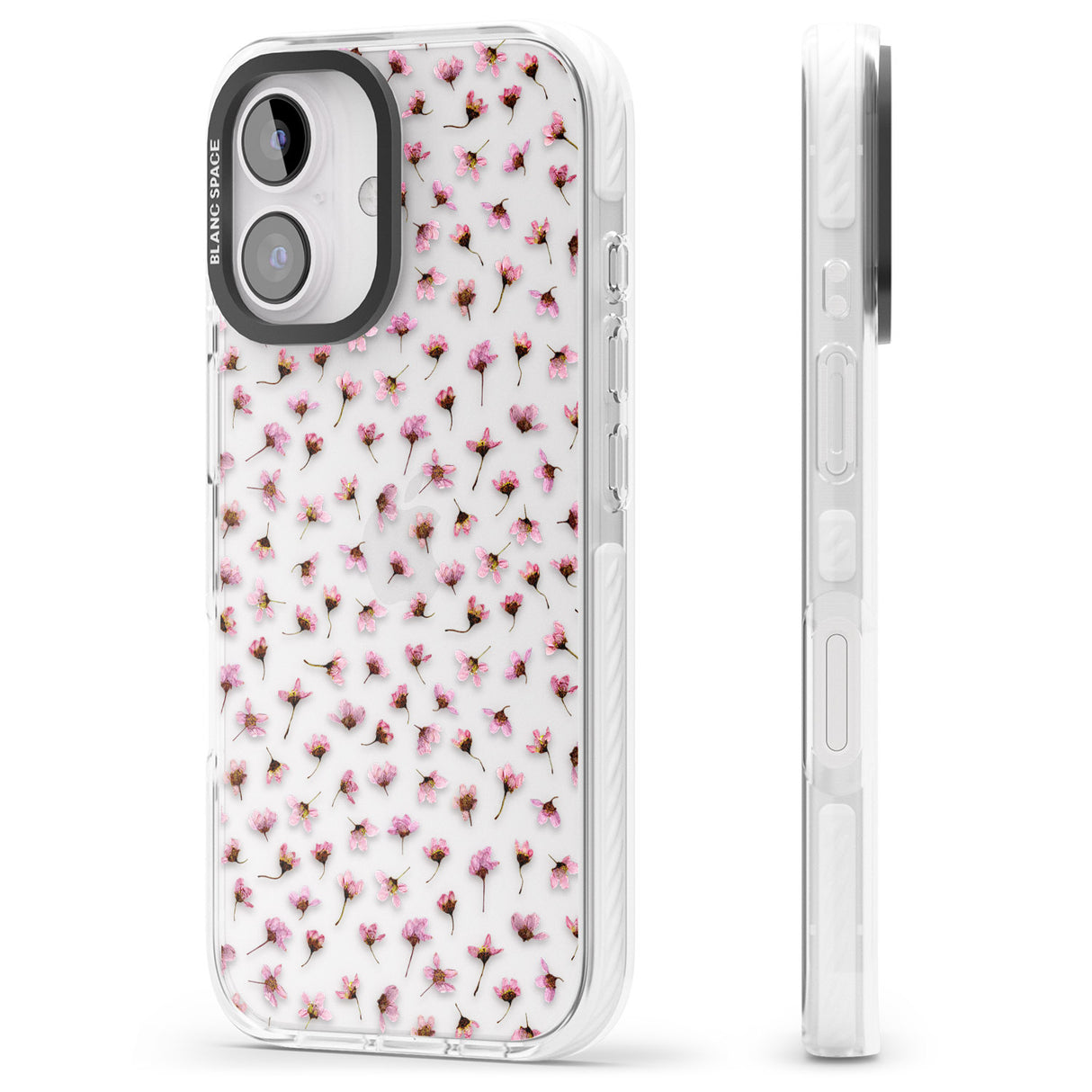 iPhone 16 Pro Max Small Pink Blossoms Transparent Design Black Impact Phone Case